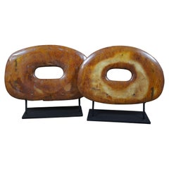 Antique 2 Ancient Carved Stone Brown Ring Bi Disc Sculptures Iron Stands Modernist