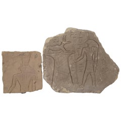 2 Ancient Egyptian Carved Stone Hieroglyph Tablet Slabs Horus Jackal Fresco