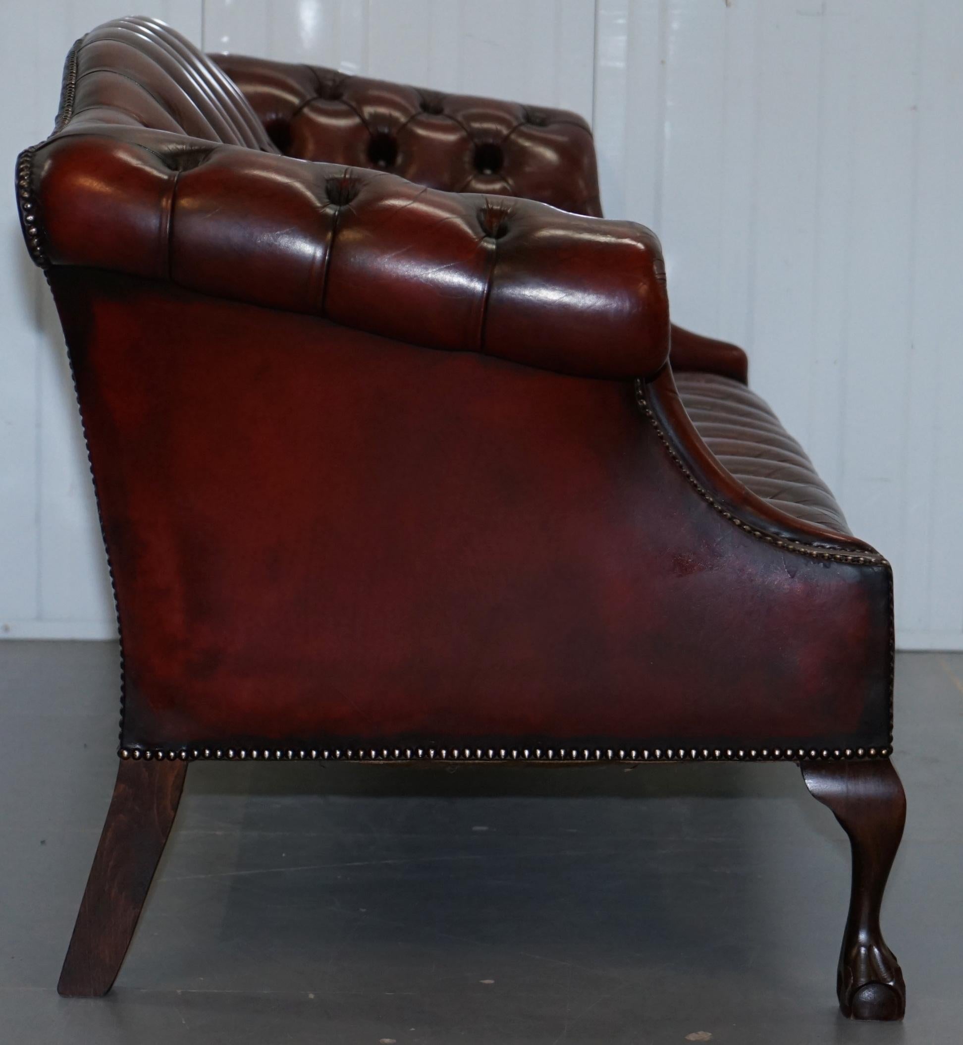 2 and 3 Seat Pair of Claw & Ball Feet Restored Brown Leather Chesterfield Sofas 4