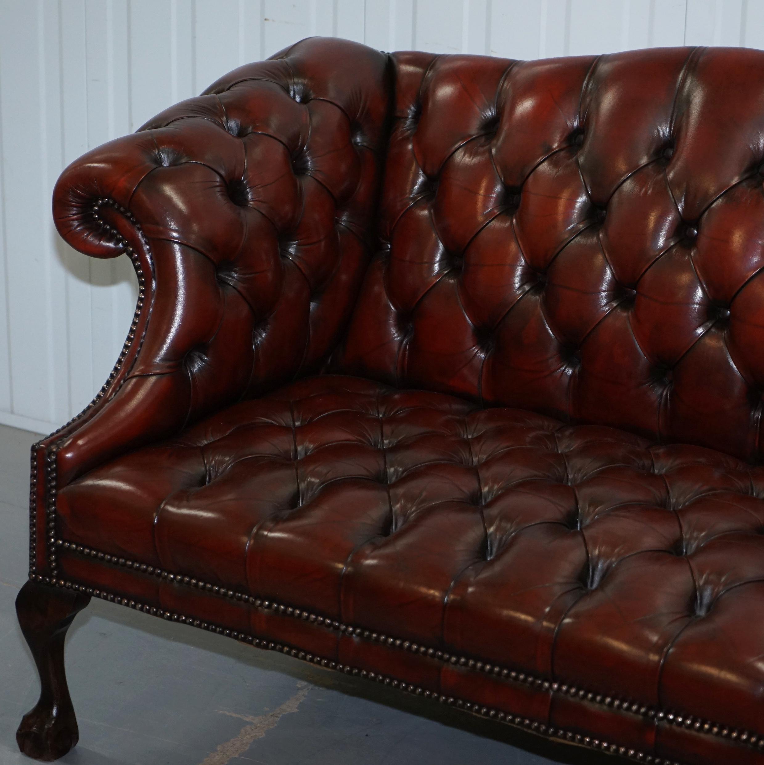 2 and 3 Seat Pair of Claw & Ball Feet Restored Brown Leather Chesterfield Sofas 9