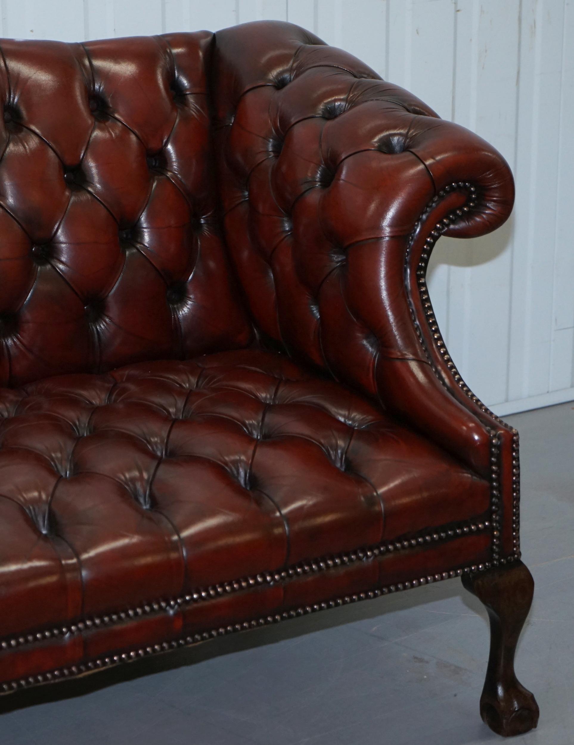 2 and 3 Seat Pair of Claw & Ball Feet Restored Brown Leather Chesterfield Sofas 10
