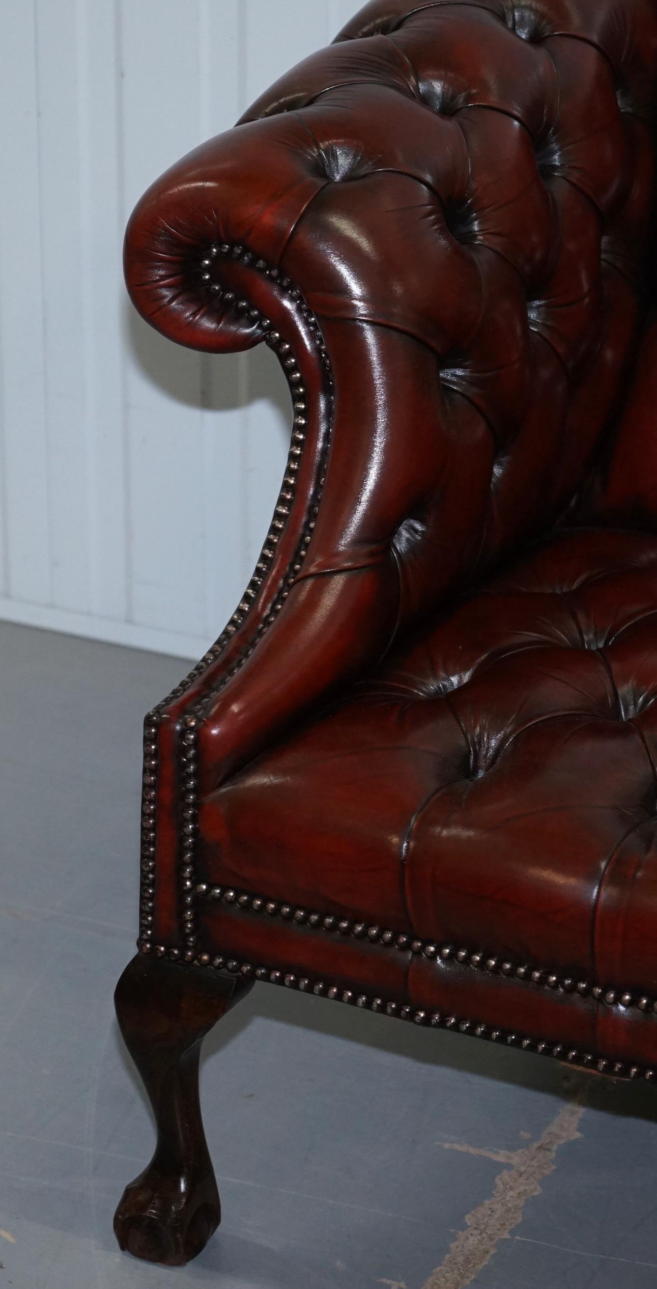 2 and 3 Seat Pair of Claw & Ball Feet Restored Brown Leather Chesterfield Sofas 10