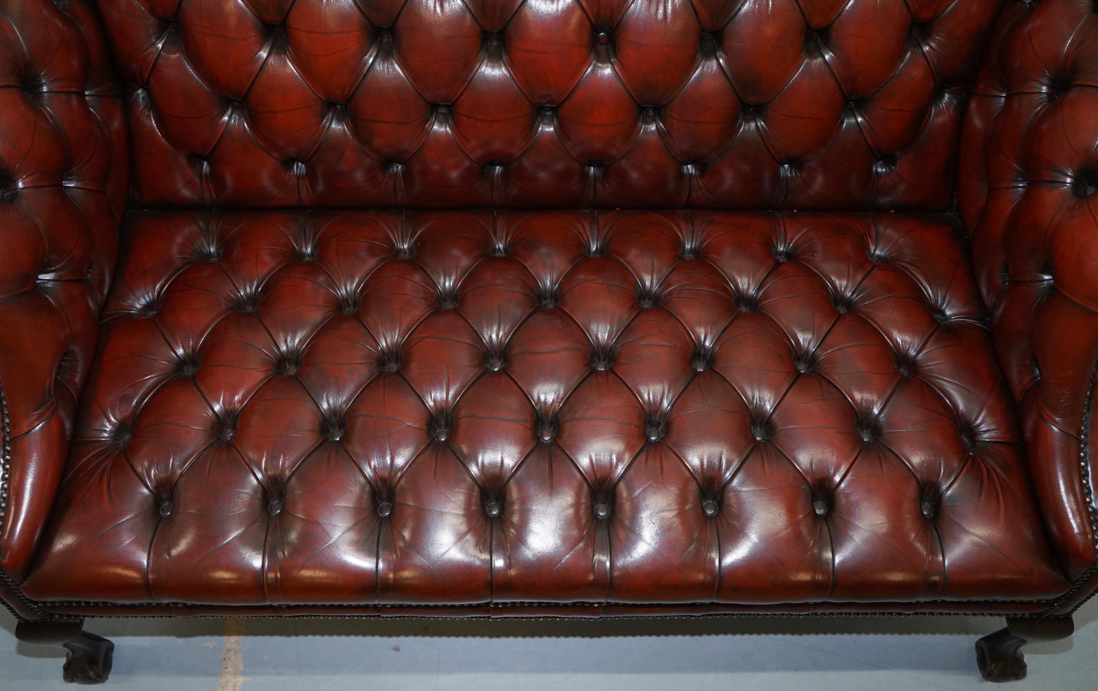 2 and 3 Seat Pair of Claw & Ball Feet Restored Brown Leather Chesterfield Sofas 11