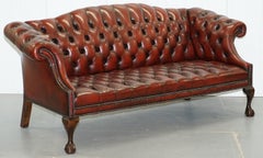 2 and 3 Seat Pair of Claw & Ball Feet Restored Brown Leather Chesterfield Sofas