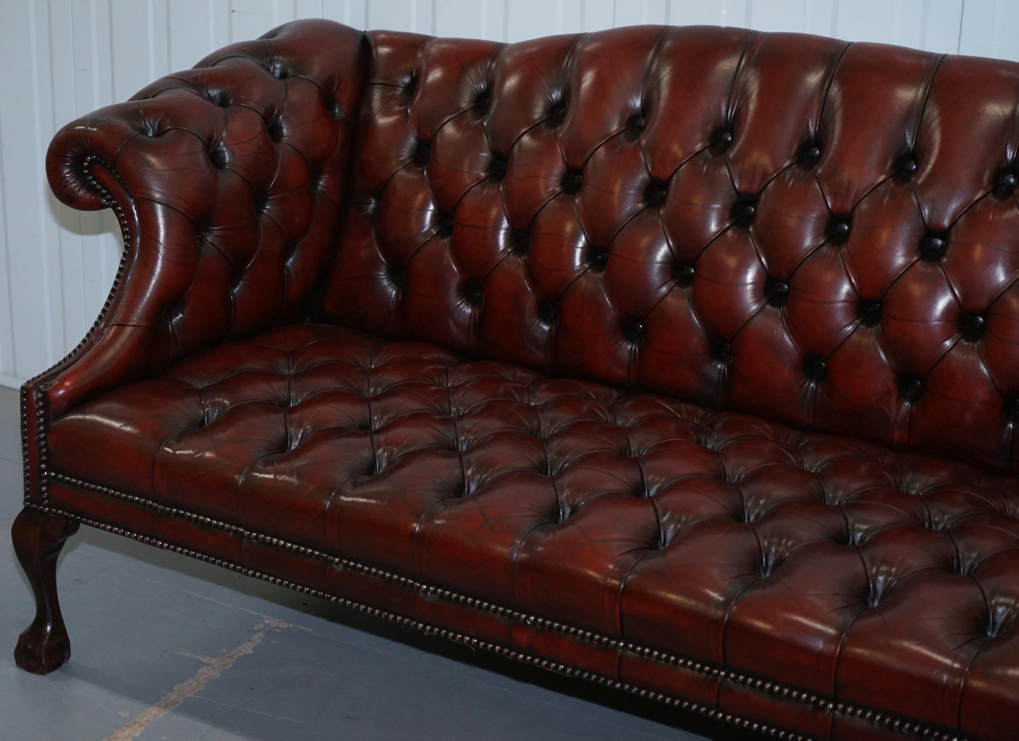 Regency 2 and 3 Seat Pair of Claw & Ball Feet Restored Brown Leather Chesterfield Sofas