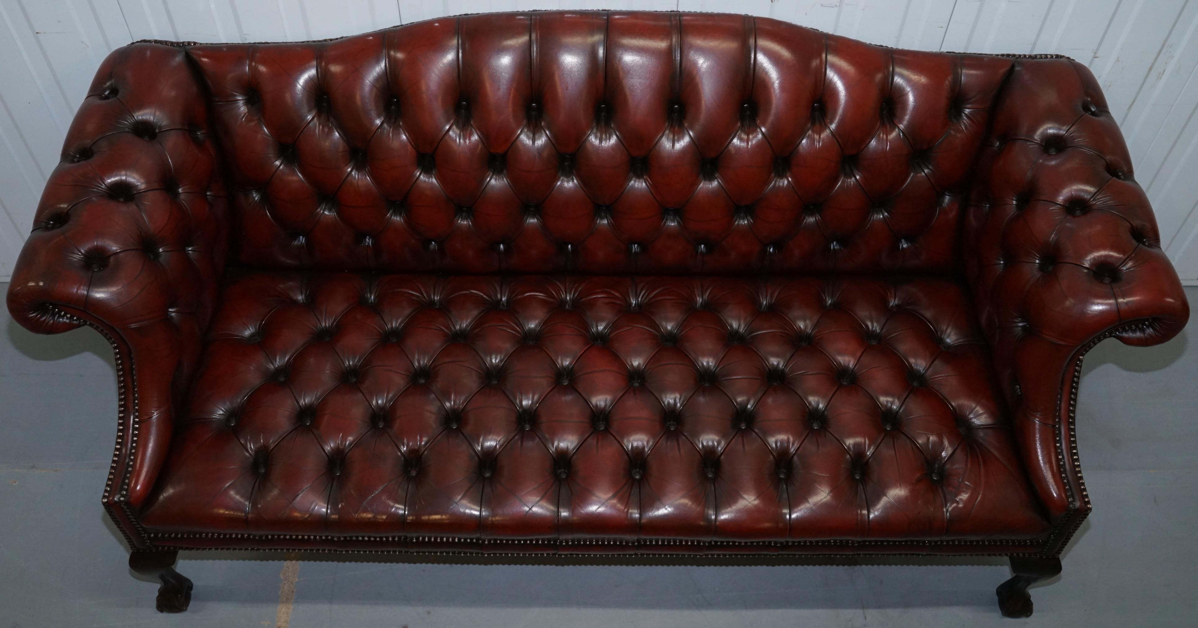 2 and 3 Seat Pair of Claw & Ball Feet Restored Brown Leather Chesterfield Sofas In Good Condition In West Sussex, Pulborough