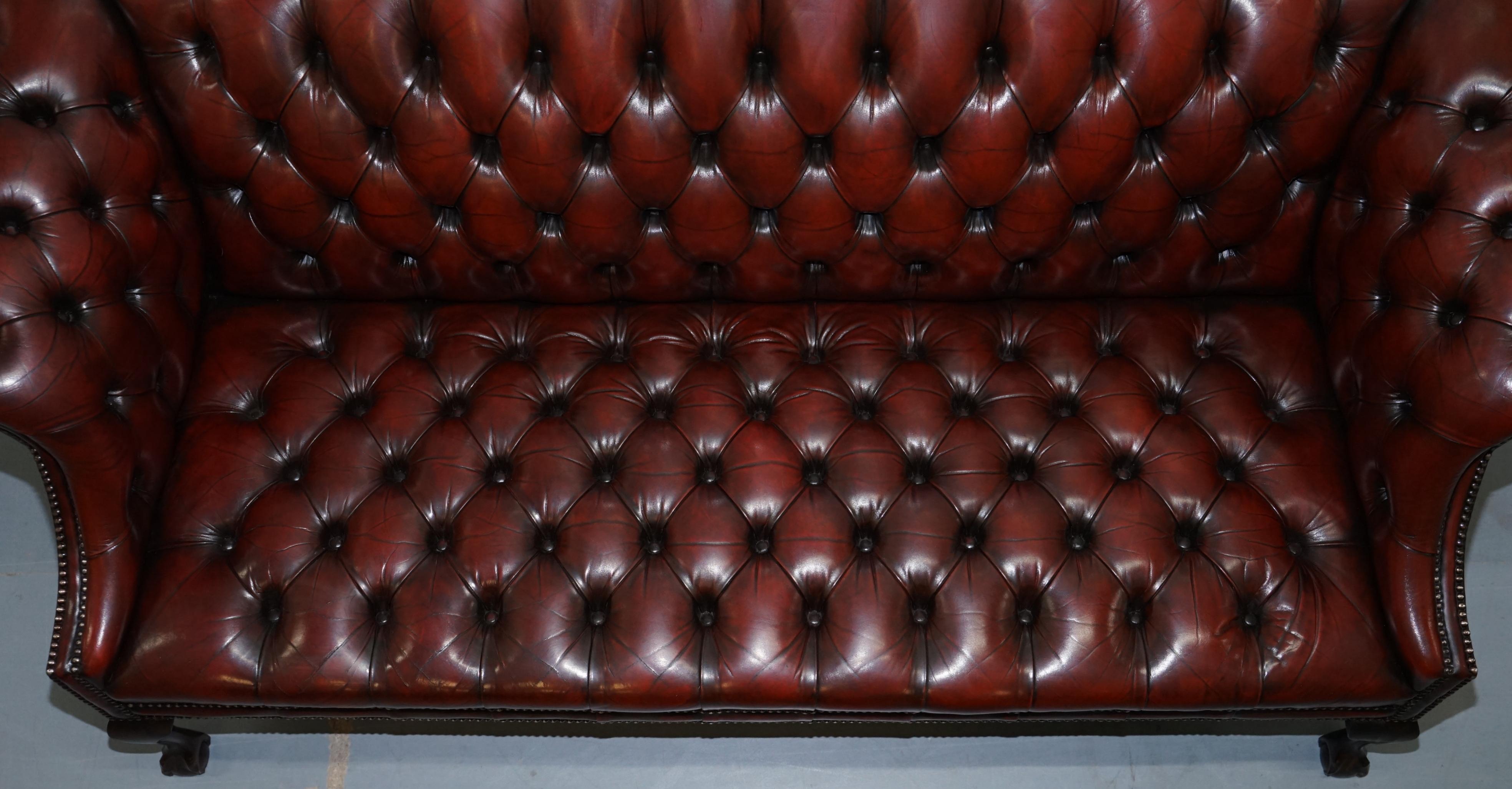 2 and 3 Seat Pair of Claw & Ball Feet Restored Brown Leather Chesterfield Sofas 1
