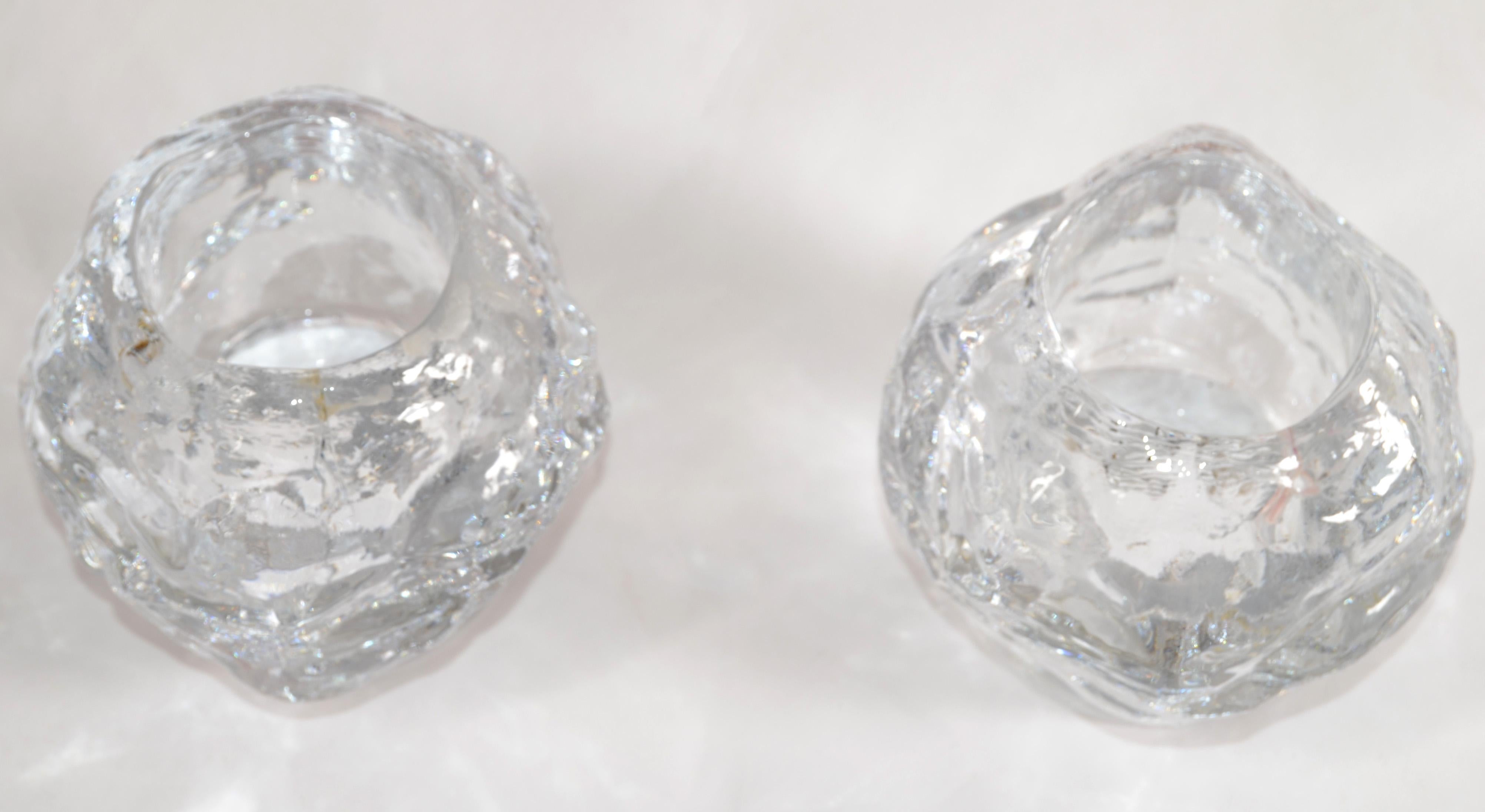 2 Ann Warff Glass Crystal Candle Holders Scandinavian Modern Kosta Boda Style In Good Condition For Sale In Miami, FL