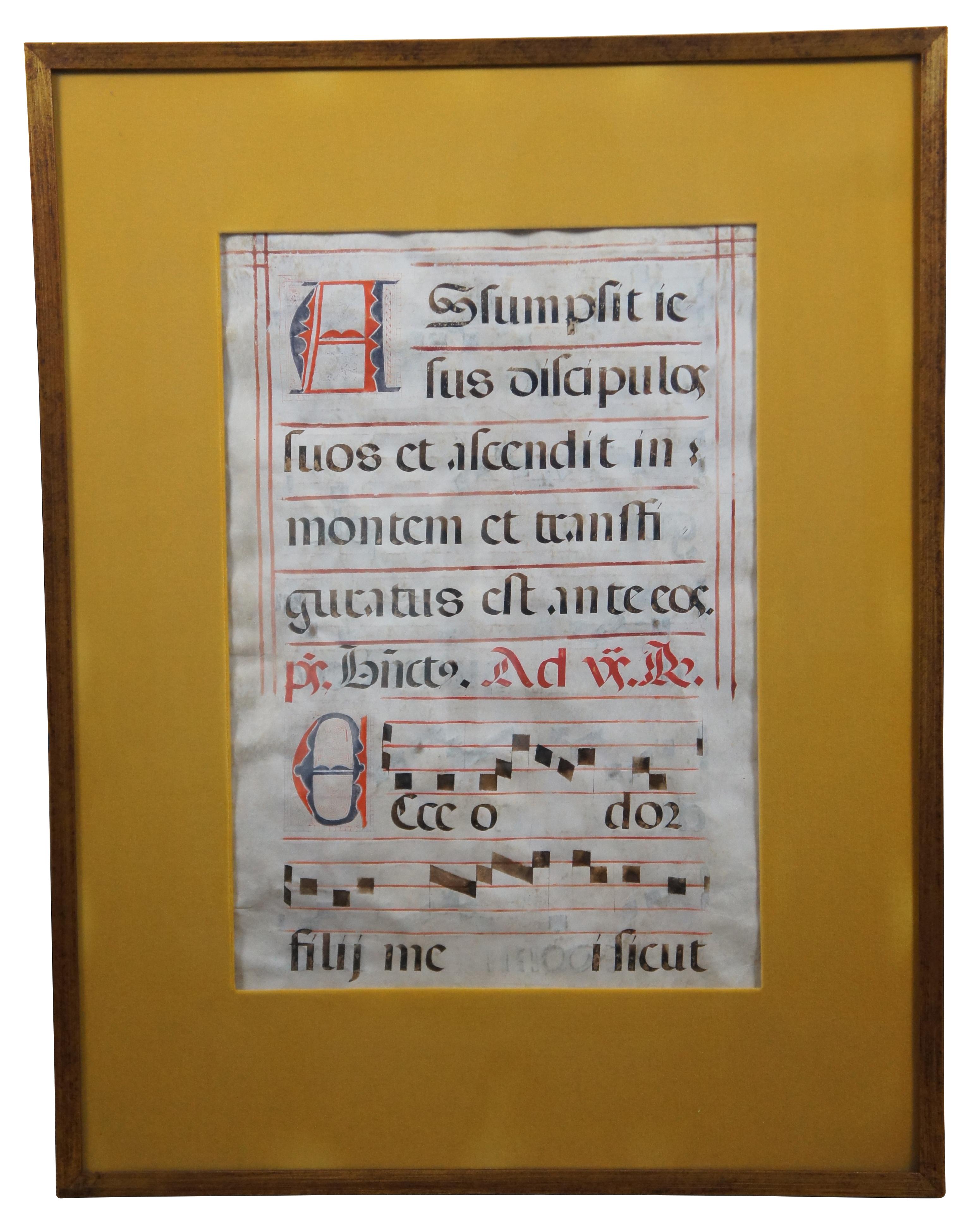 Pair of framed antique 17th century Roman Catholic antiphonal music sheets, hand drawn on vellum with illuminated capitals.

Measures: 28.25” x 1.75” x 36.5” / sans frame - 16.75” x 24” (width x depth x height).
