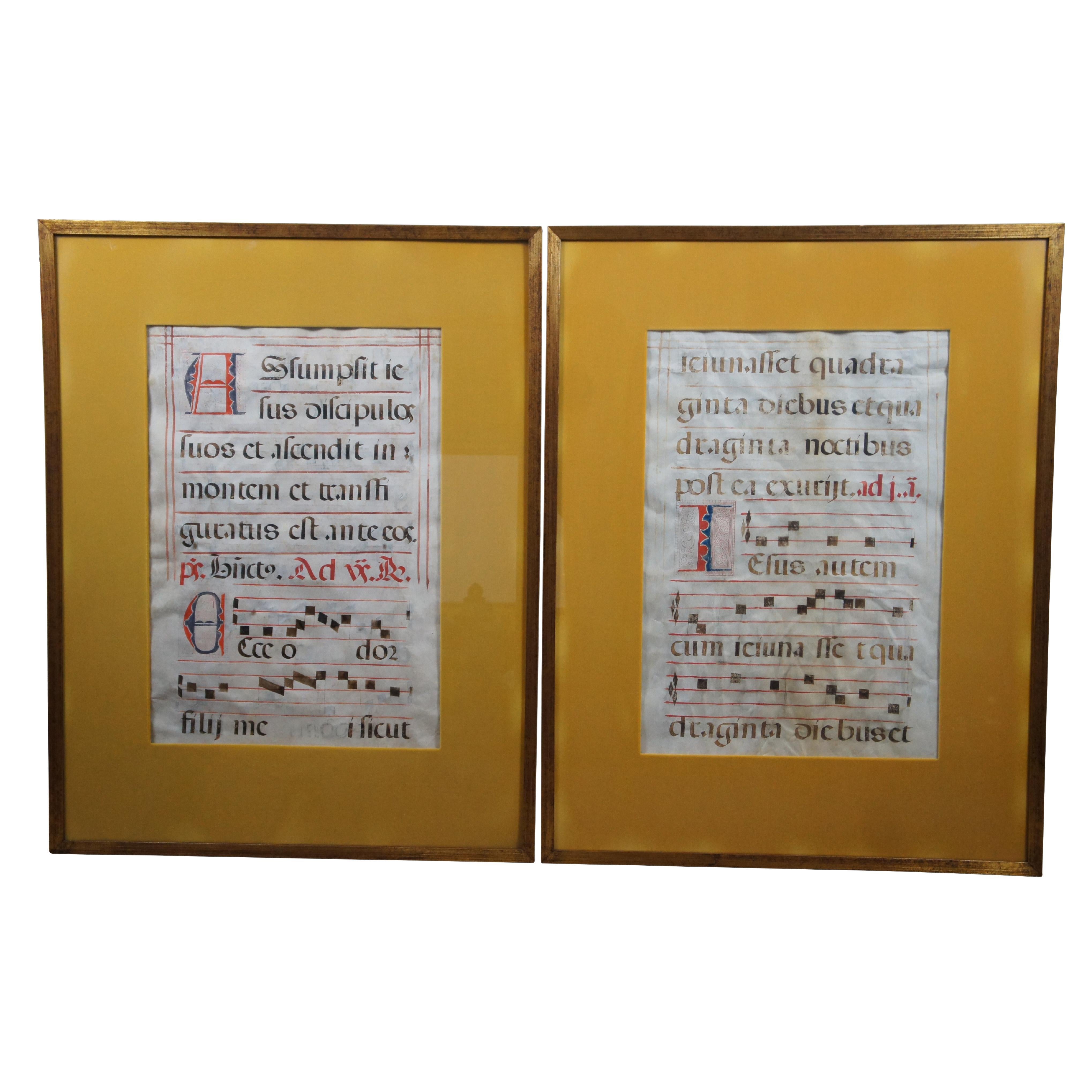 2 Antique 17th Century Antiphonal Vellum Sheet Music Roman Catholic Religious For Sale