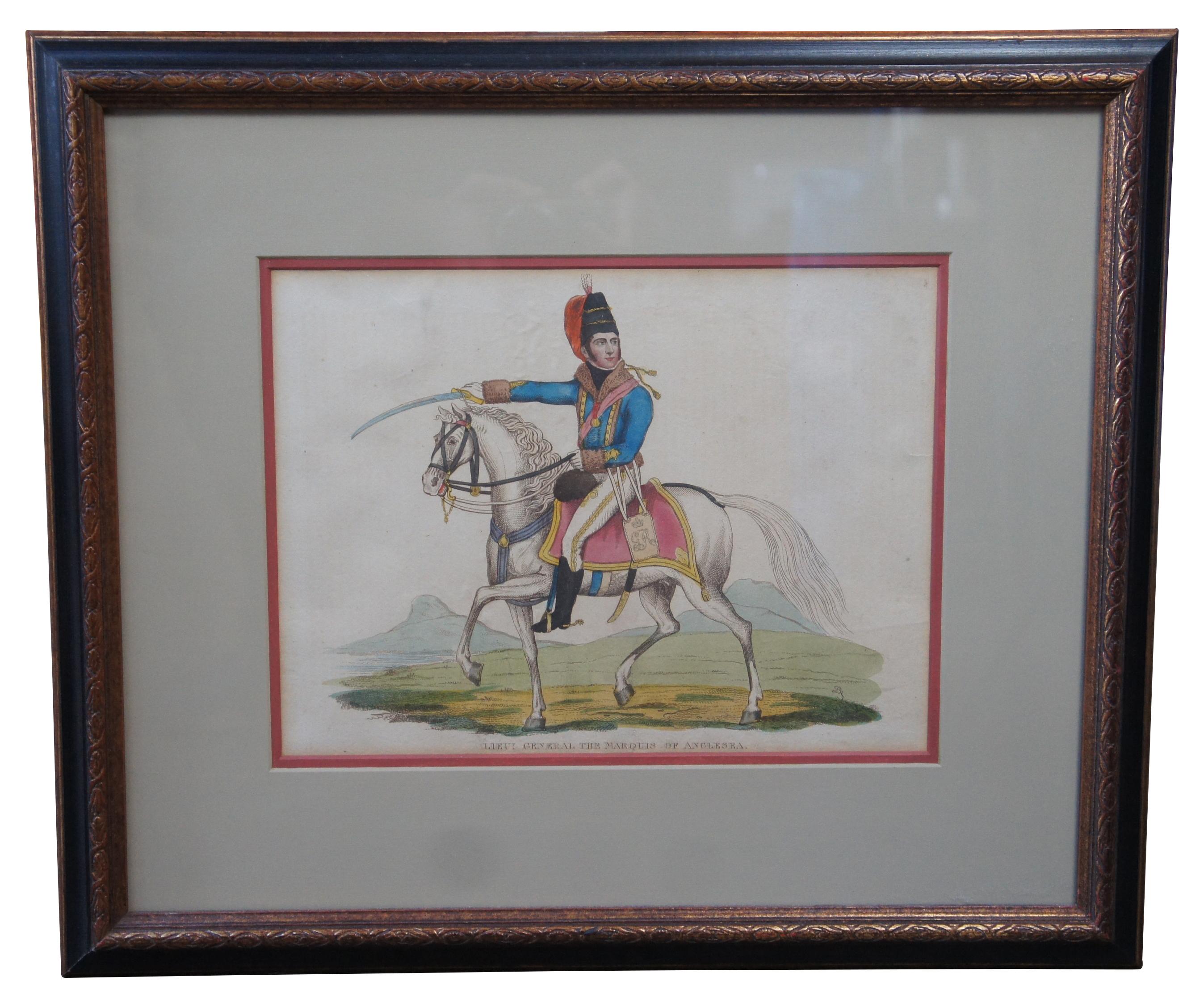Deux gravures anciennes d'officiers équestres colorées à la main par Richard Evans représentant le lieutenant général Henry William Paget et le maréchal Von Blucher.  Tous deux en tenue officielle, épées tendues et chevaux blancs.  Circa