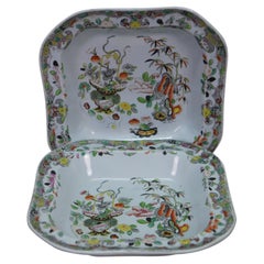 2 Antique 1825 Stephan Folch Bamboo & Basket Ironstone China Serving Bowl Imari