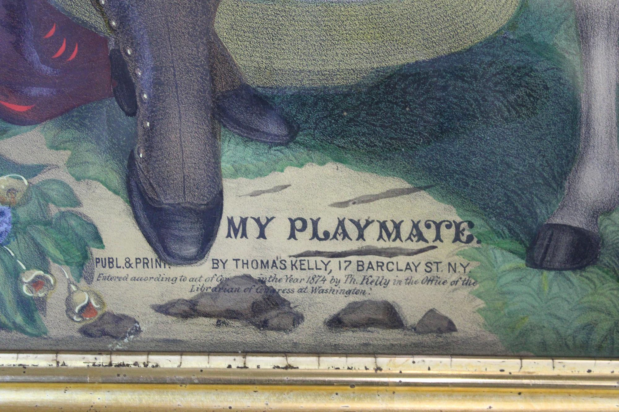 2 Antique 1874 Thomas Kelly My Favorite Playmate Chromolithograph Folk Art Print 1