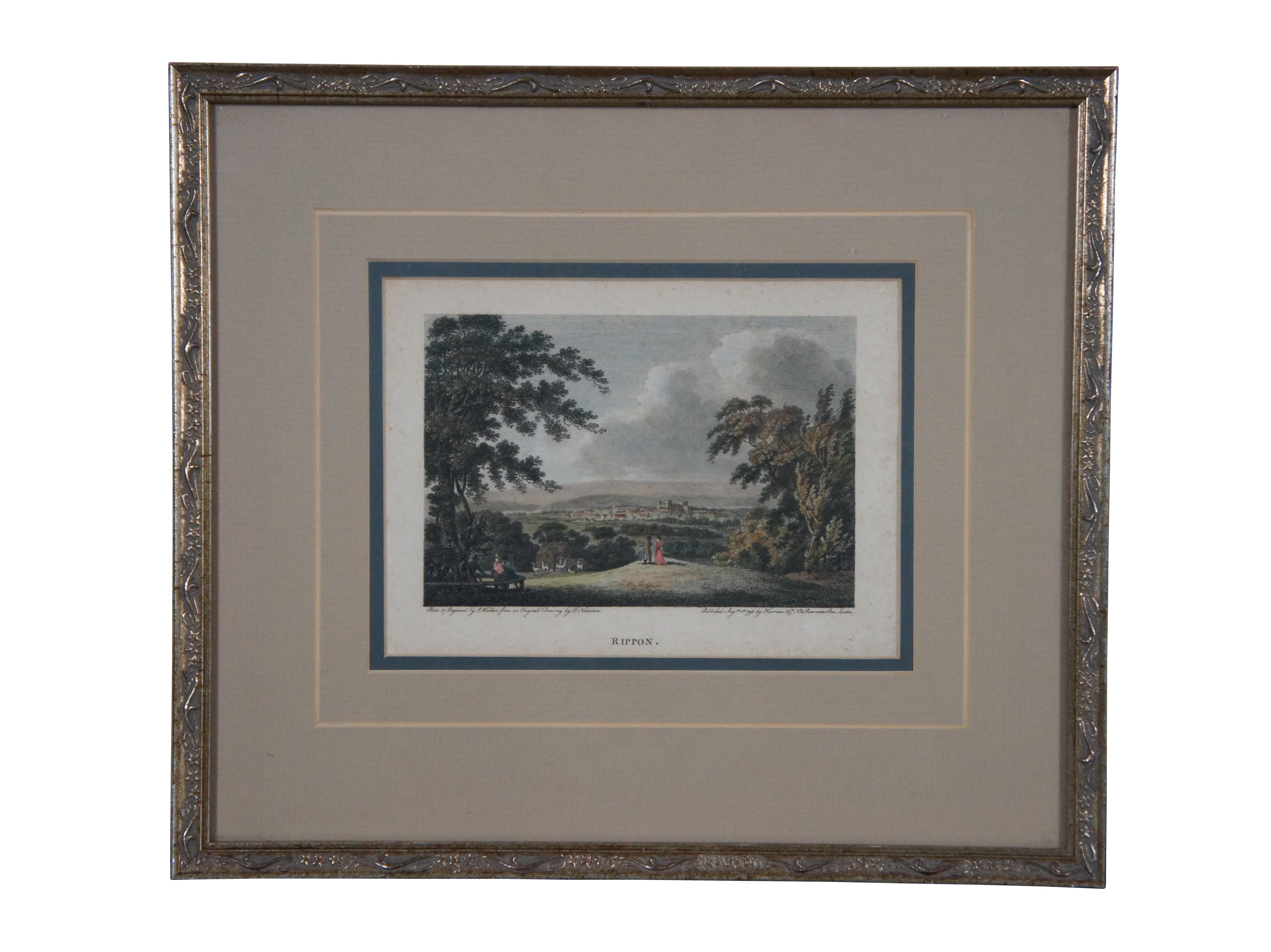 Pair of framed 18th century hand colored landscape engravings. One portraying Rippon – Plate 37 Engraved by J. Walker from an Original Drawing by F. Nicholson / Published August 1st 1793 by Harrison & Co N.18 Paternoster Row, London. The other