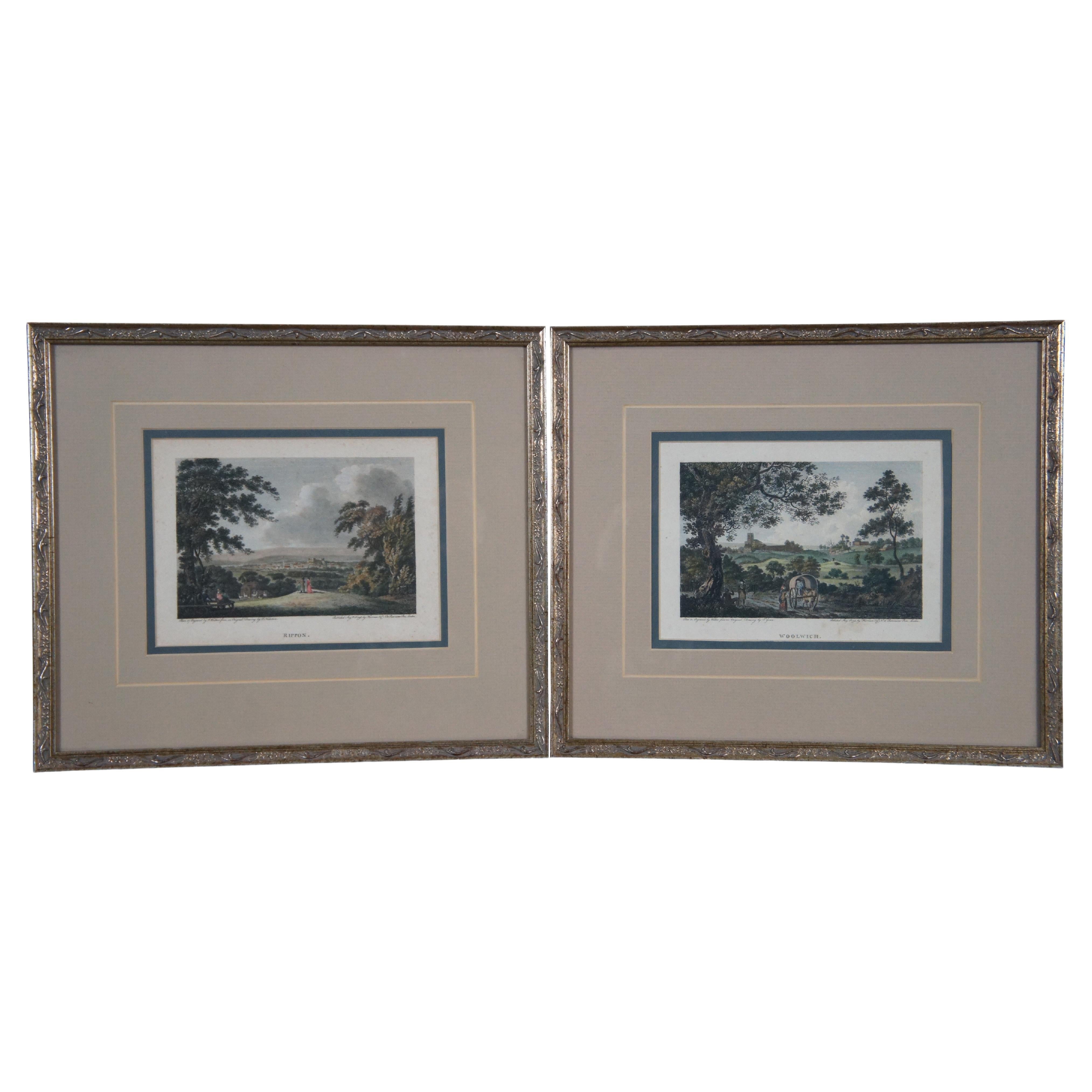 2 Antique 18th Century English Nicholson Girtin Engravings Woolwich Rippon 14" For Sale