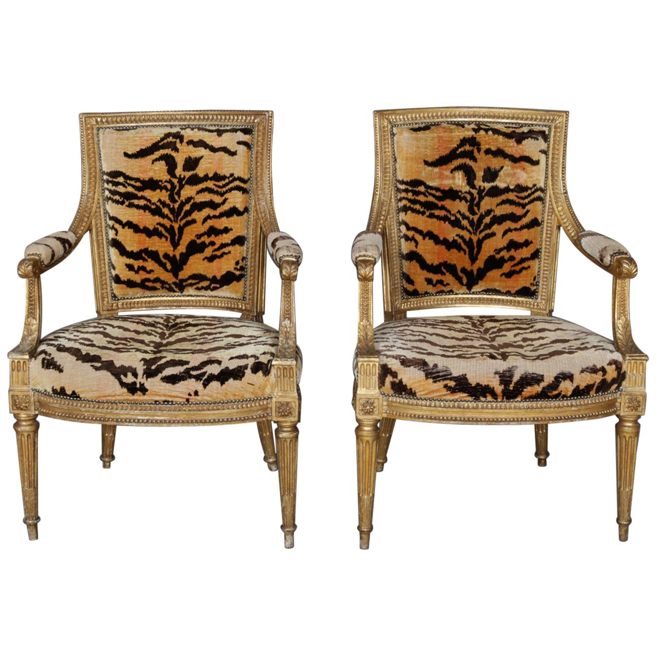 2 Antique 18th Century French Louis XVI Upholstered Giltwood Armchairs