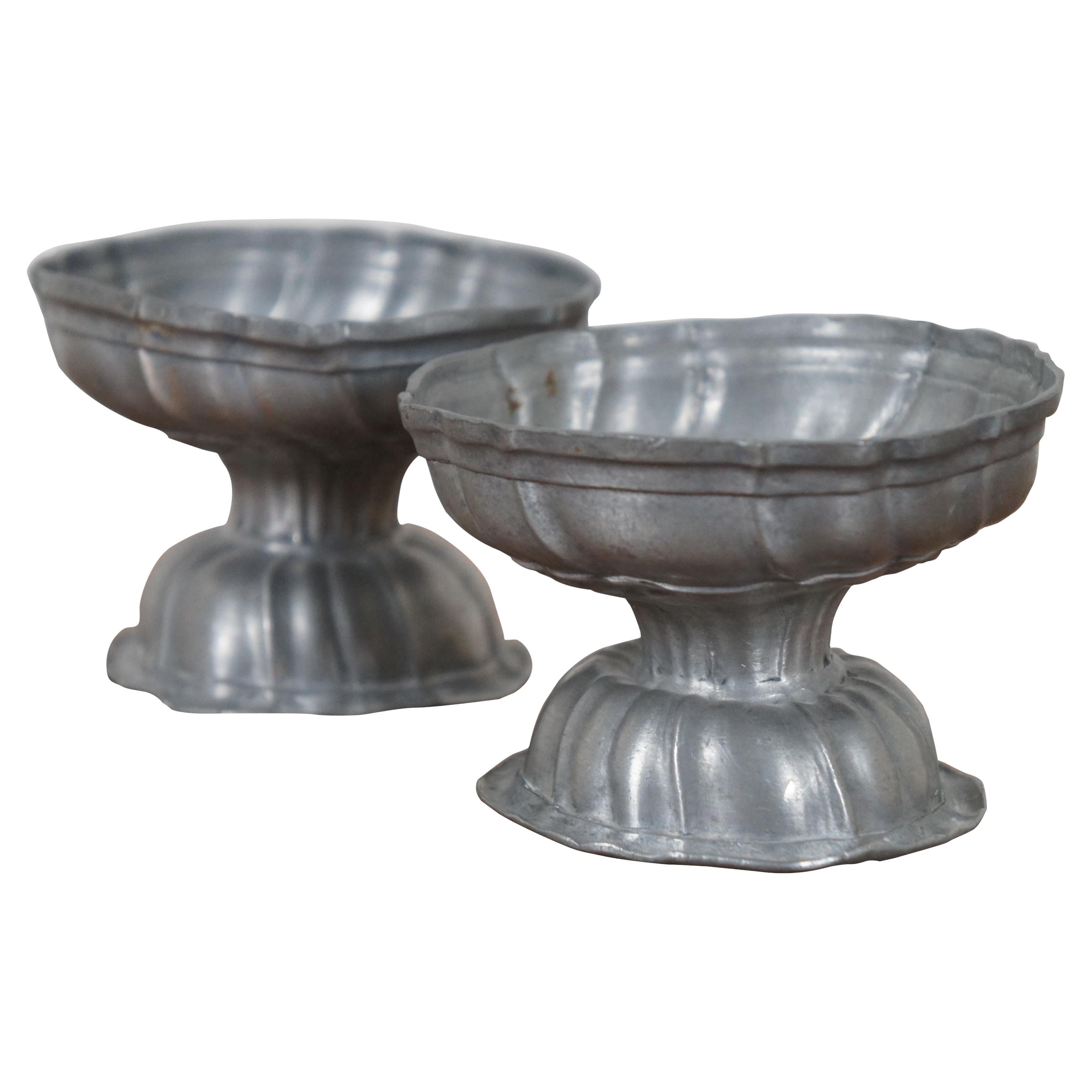 2 Antique 18th Century Pewter Pedestal Master Salt Cellar Trencher Bowls Cups For Sale