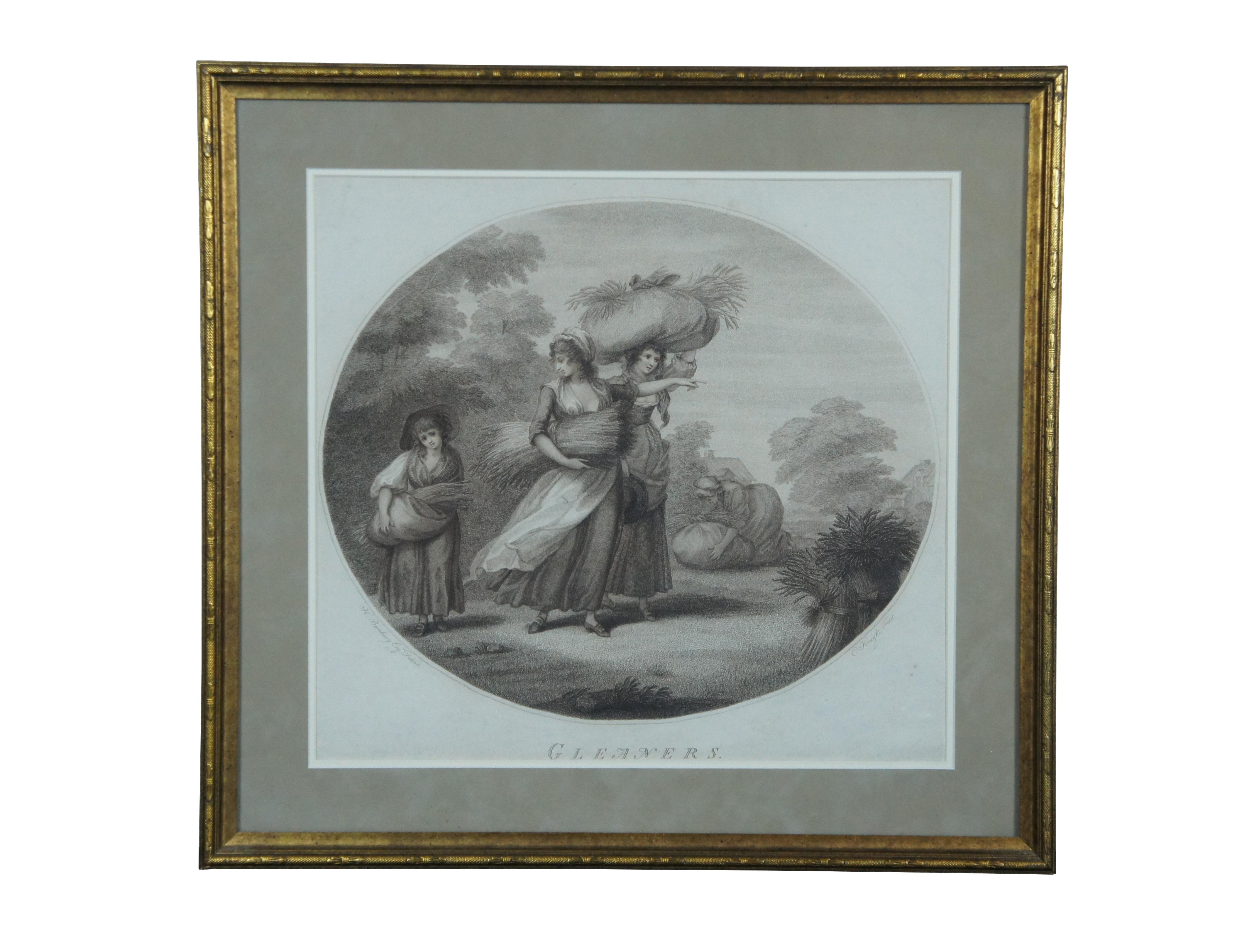 French Provincial 2 Antique 18thC Henry William Bunbury Gleaners Stipple Plate Engravings 21