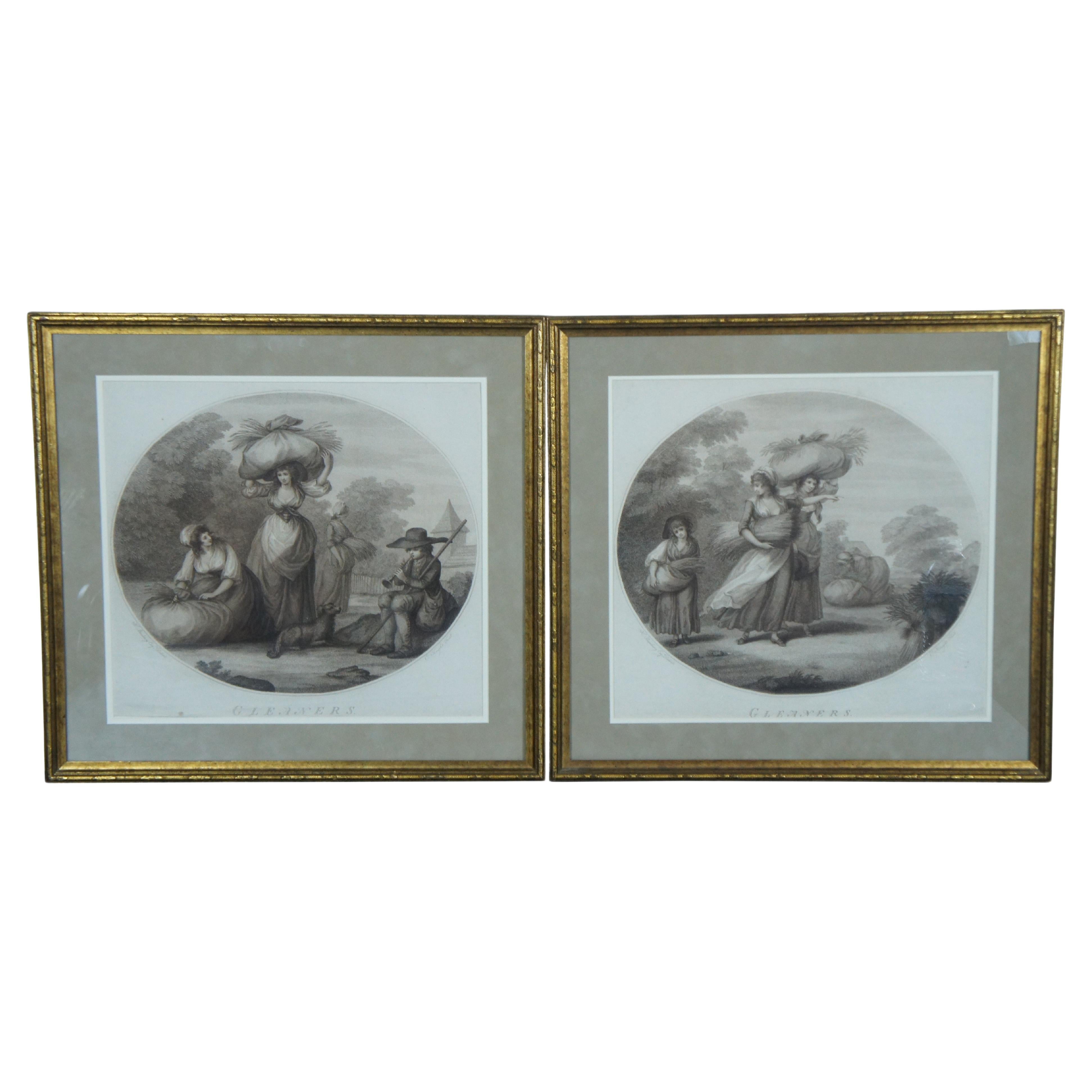 2 Antique 18thC Henry William Bunbury Gleaners Stipple Plate Engravings 21" For Sale