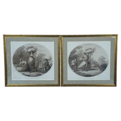 2 gravures anciennes Henry William Bunbury Gleaners Stipple Plate du 18ème siècle 21 po.