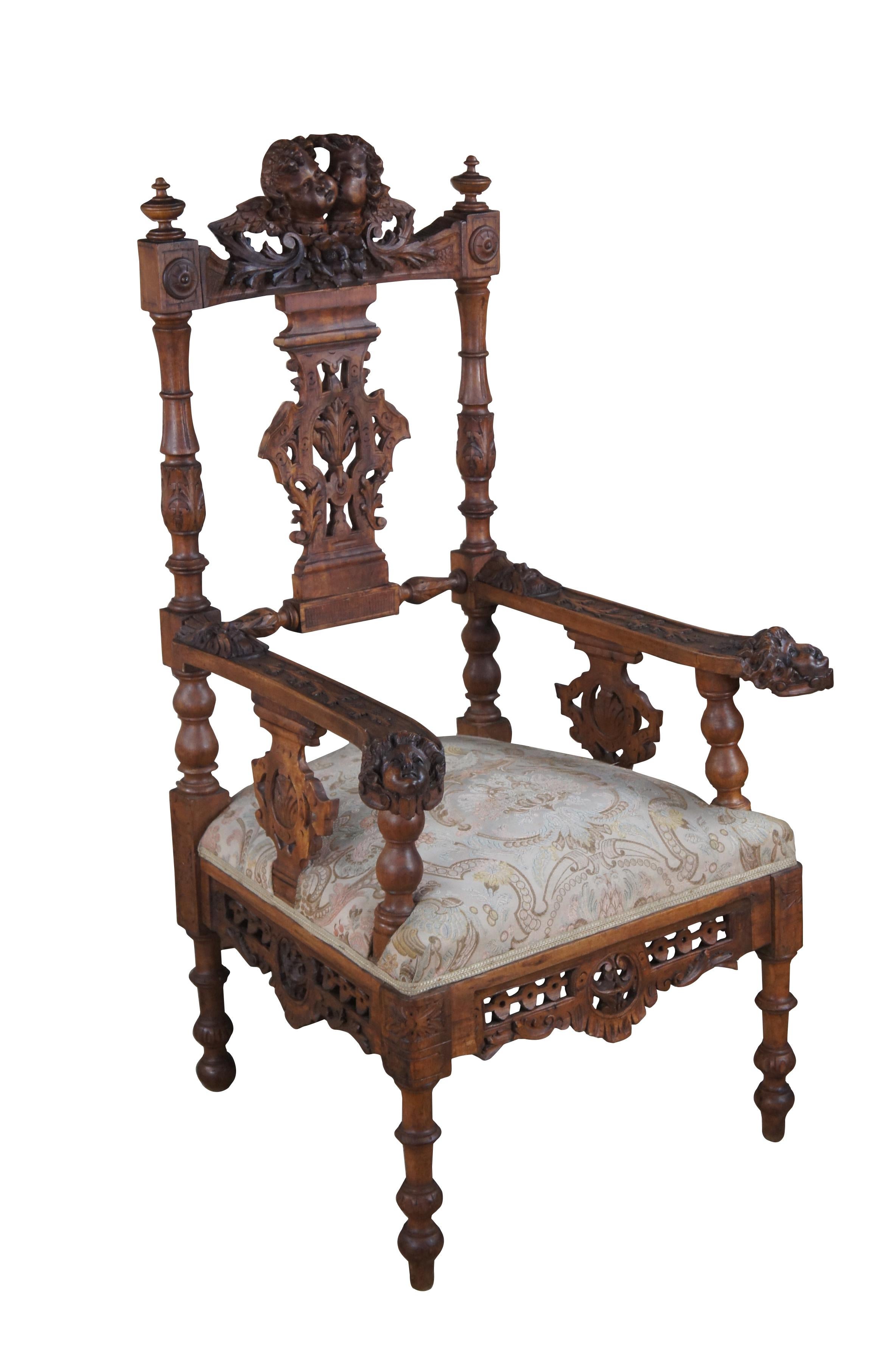 2 Antique 19th C Italian Renaissance Carved Walnut Putti Cherub Angel Arm Chairs In Good Condition For Sale In Dayton, OH