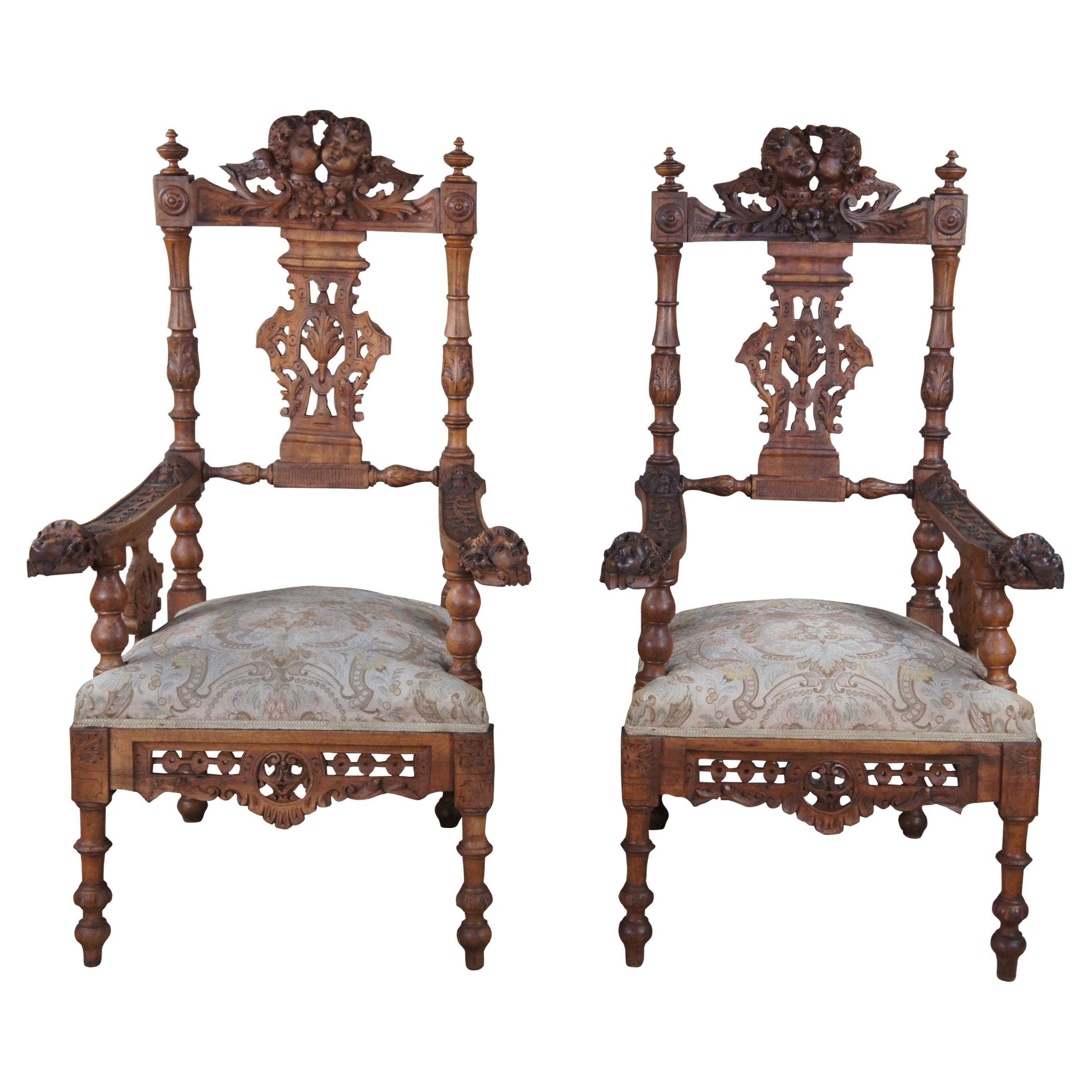 2 Antique 19th C Italian Renaissance Carved Walnut Putti Cherub Angel Arm Chairs For Sale