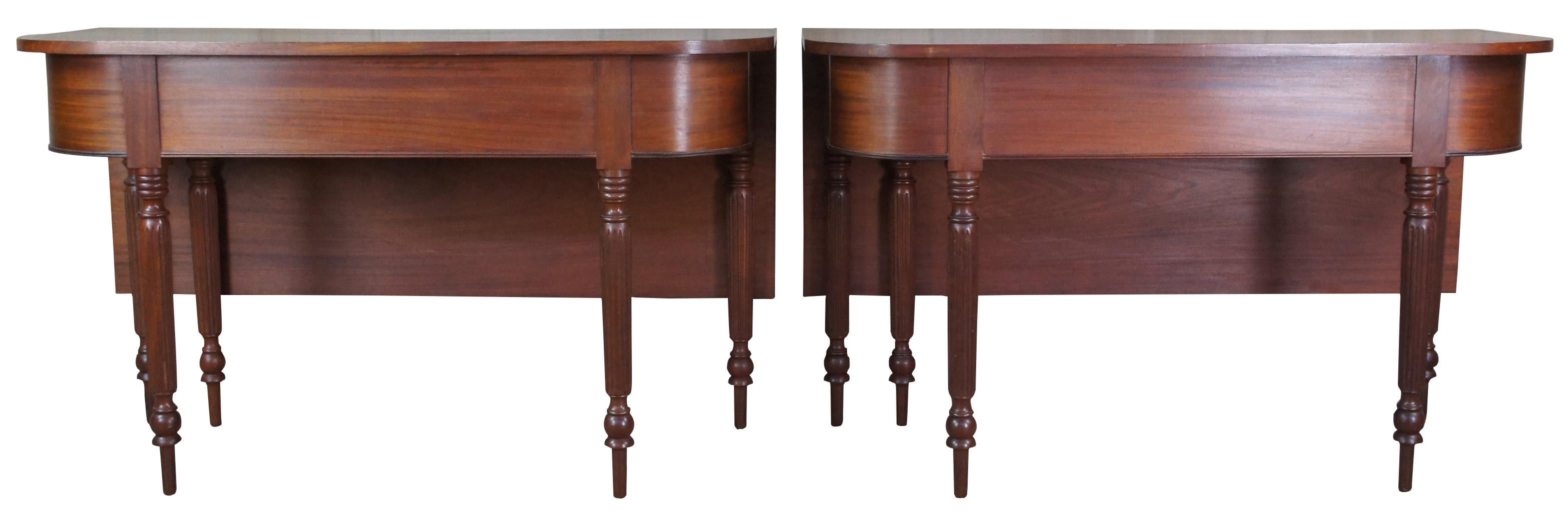 2 Antique 19th C. Sheraton Mahogany D End Dining Tables Banquet Demilune Console In Good Condition In Dayton, OH
