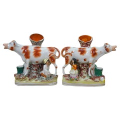 2 Antique 19th C. Staffordshire Flatback Porcelain Cow Milkmaid Spill Vase Pair