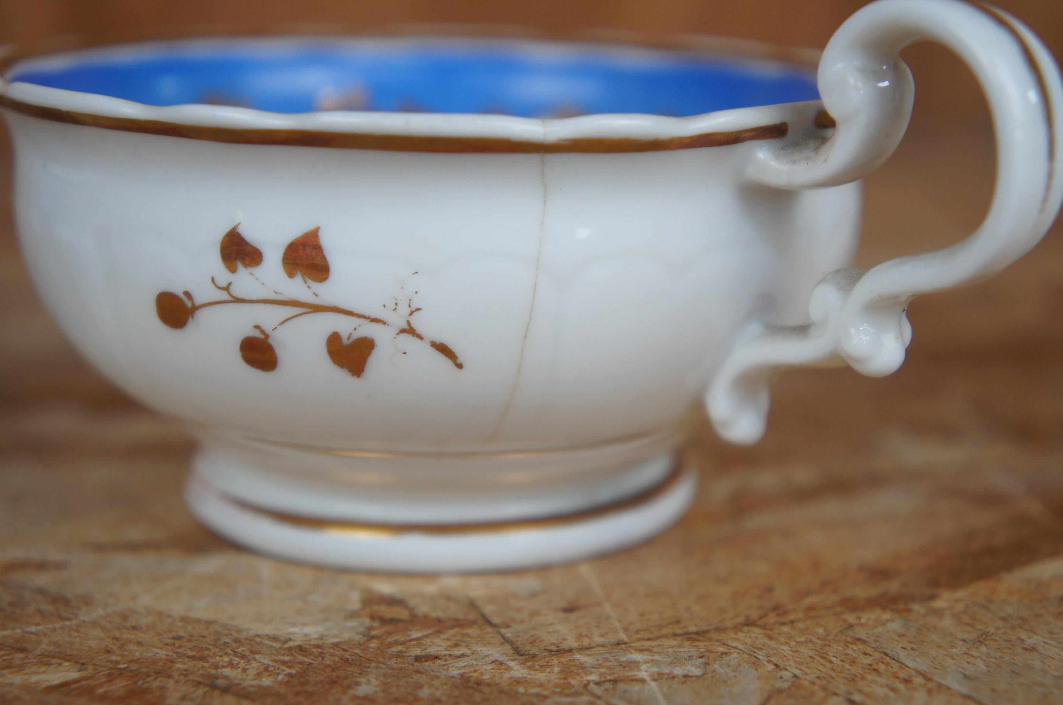 Victorian 2 Antique 19th Century English Samuel Alcock Blue Gold Floral Cups & Saucers For Sale