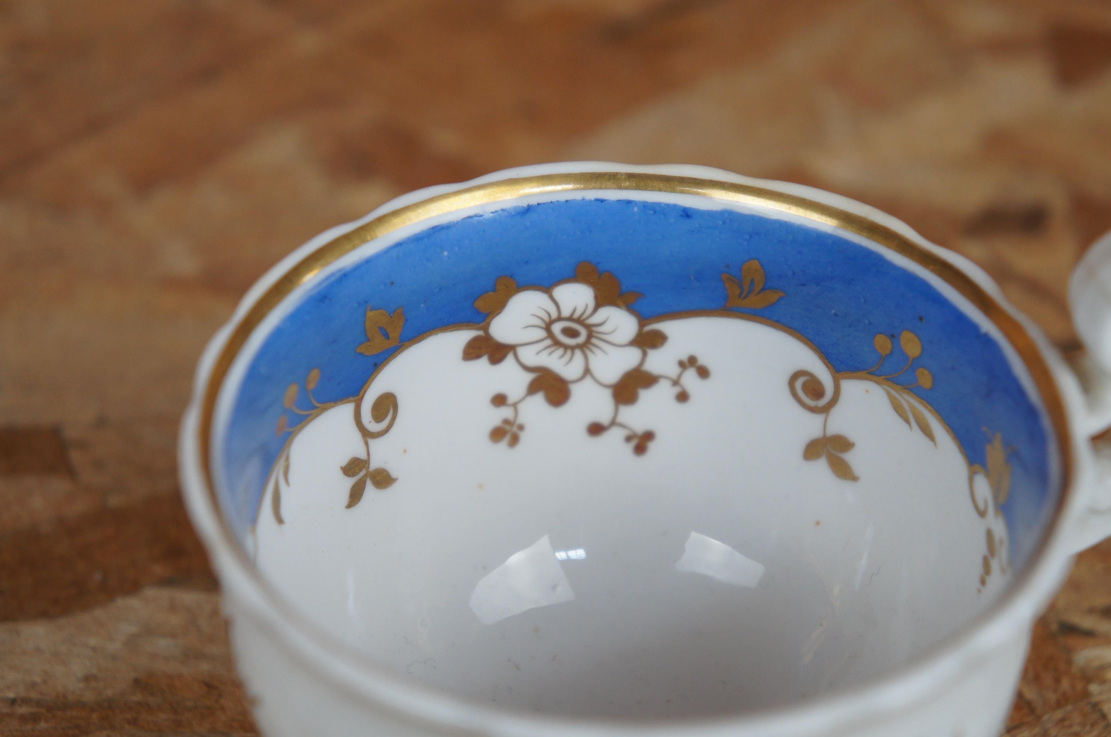 Porcelain 2 Antique 19th Century English Samuel Alcock Blue Gold Floral Cups & Saucers For Sale