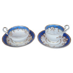 2 Used 19th Century English Samuel Alcock Blue Gold Floral Cups & Saucers