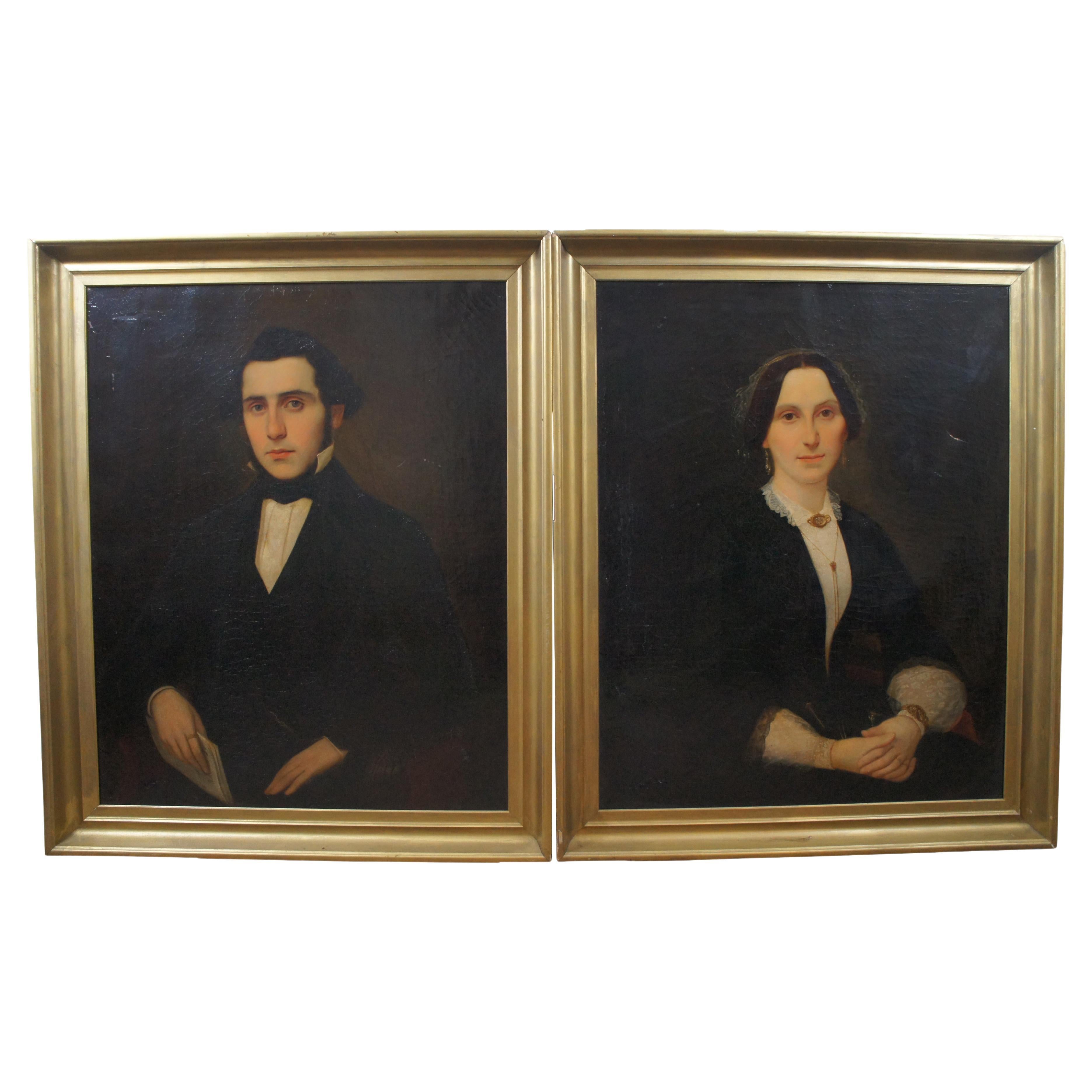2 Antique 19th Century Husband & Wife Portrait Oil Paintings on Canvas Pair 41"