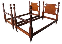 2 Antique American Federal Style Carved Mahogany Twin Cannonball Poster Bed Pair
