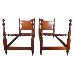 2 Antique American Federal Style Carved Mahogany Twin Cannonball Poster Bed Pair