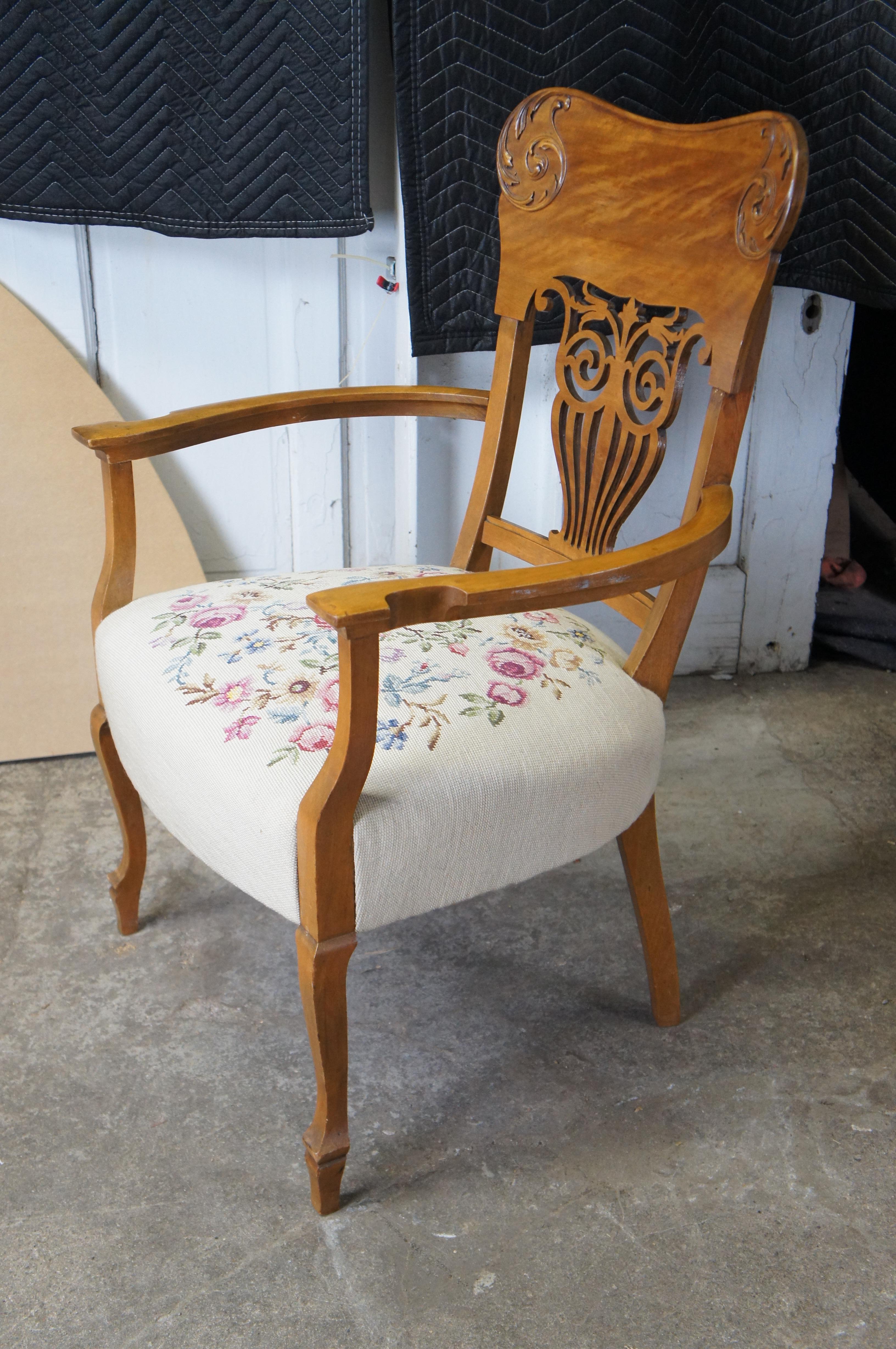 2 Antique American Victorian Quartersawn Oak Needlepoint Dining Side Arm Chairs For Sale 4