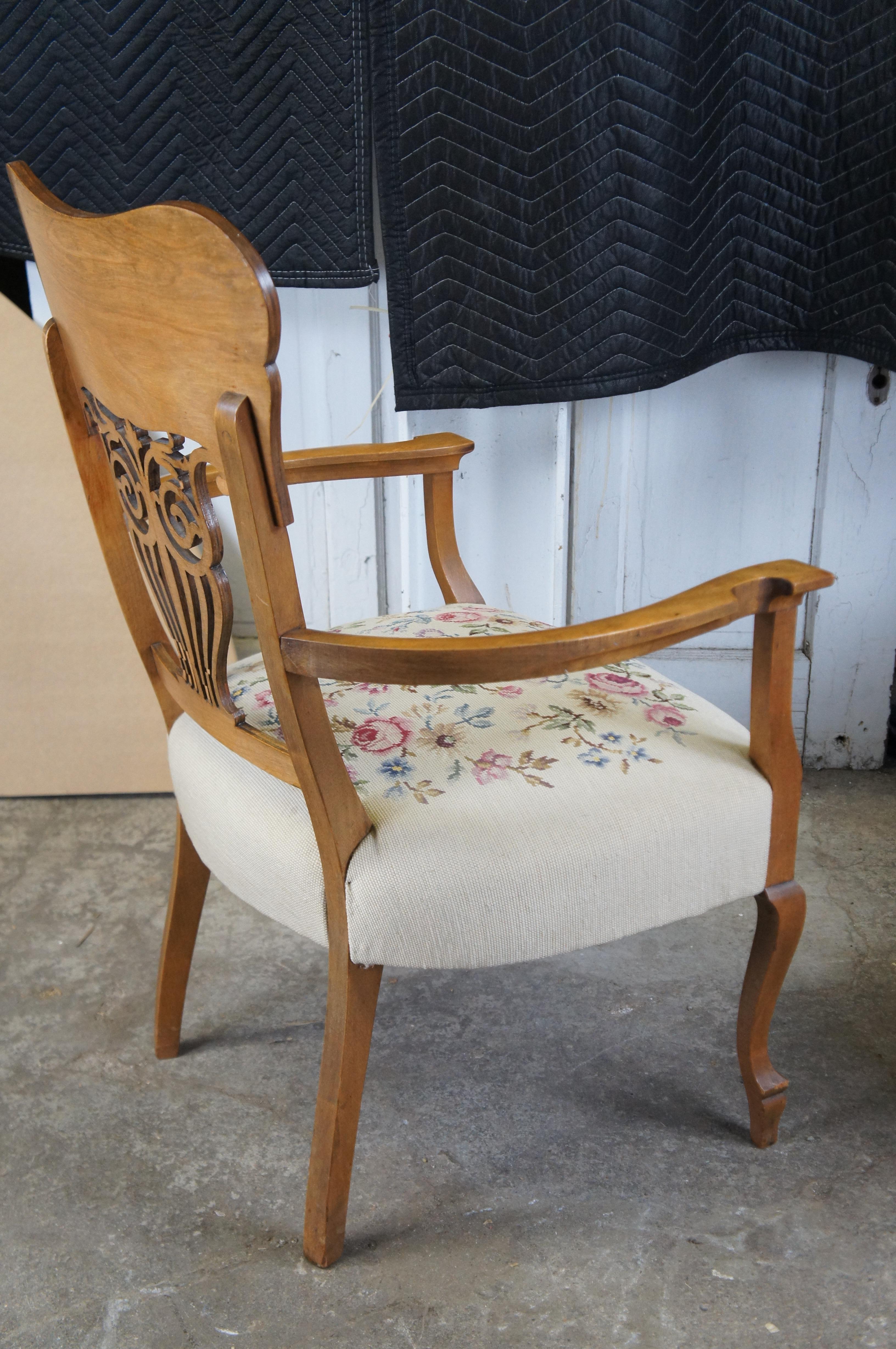2 Antique American Victorian Quartersawn Oak Needlepoint Dining Side Arm Chairs For Sale 6