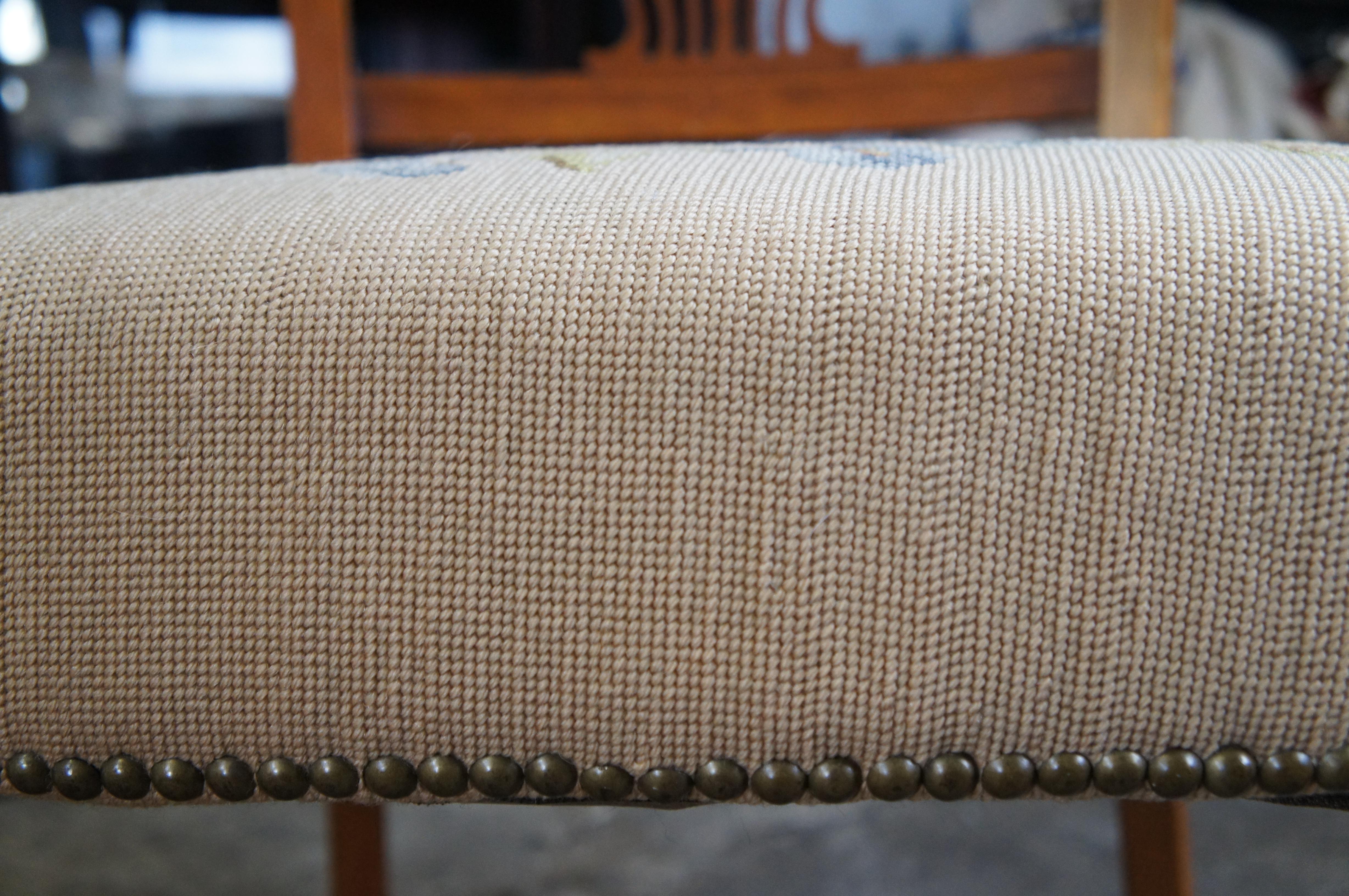 2 Antique American Victorian Quartersawn Oak Needlepoint Dining Side Arm Chairs For Sale 10