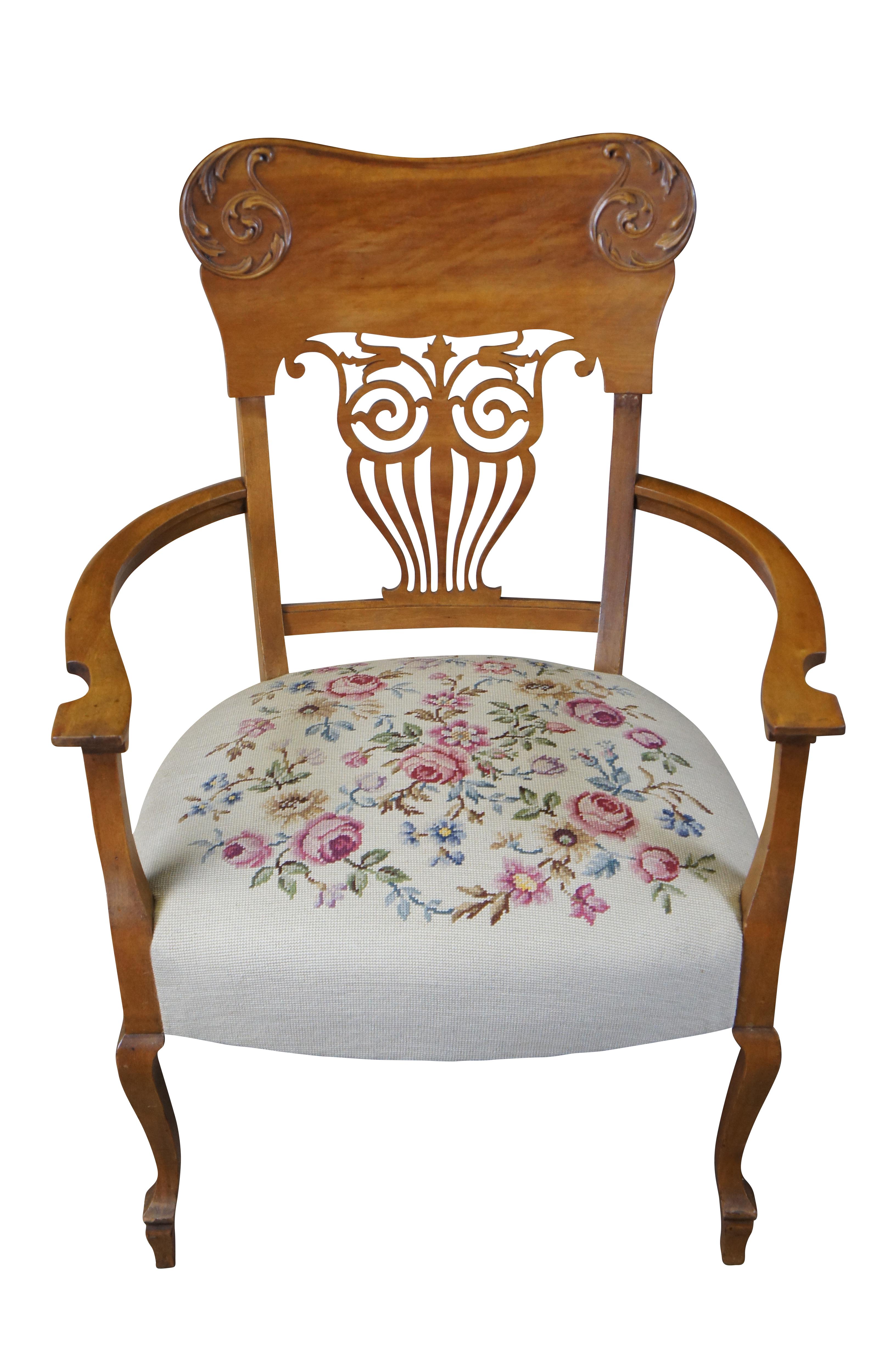 Late Victorian 2 Antique American Victorian Quartersawn Oak Needlepoint Dining Side Arm Chairs For Sale
