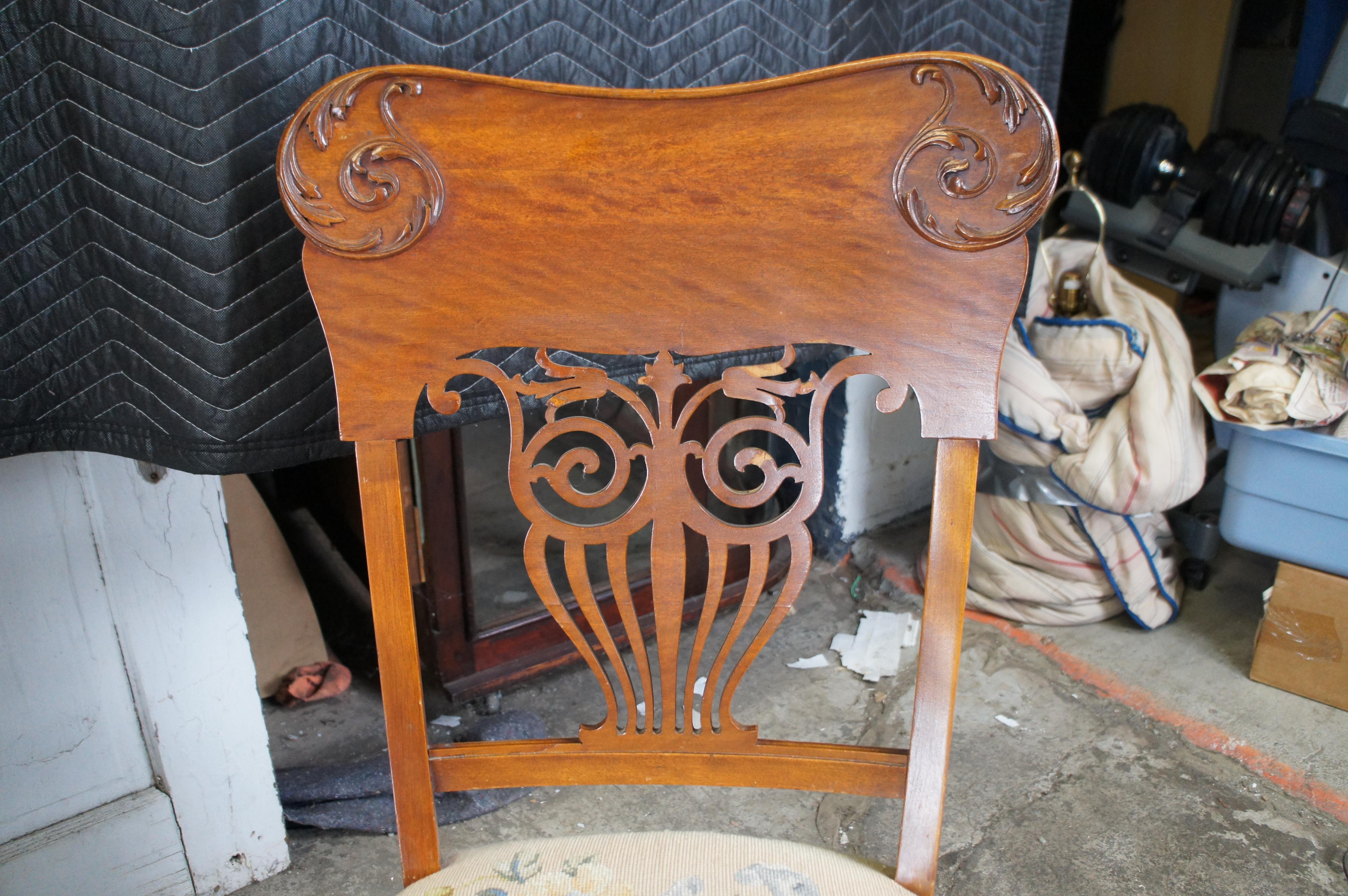 19th Century 2 Antique American Victorian Quartersawn Oak Needlepoint Dining Side Arm Chairs For Sale
