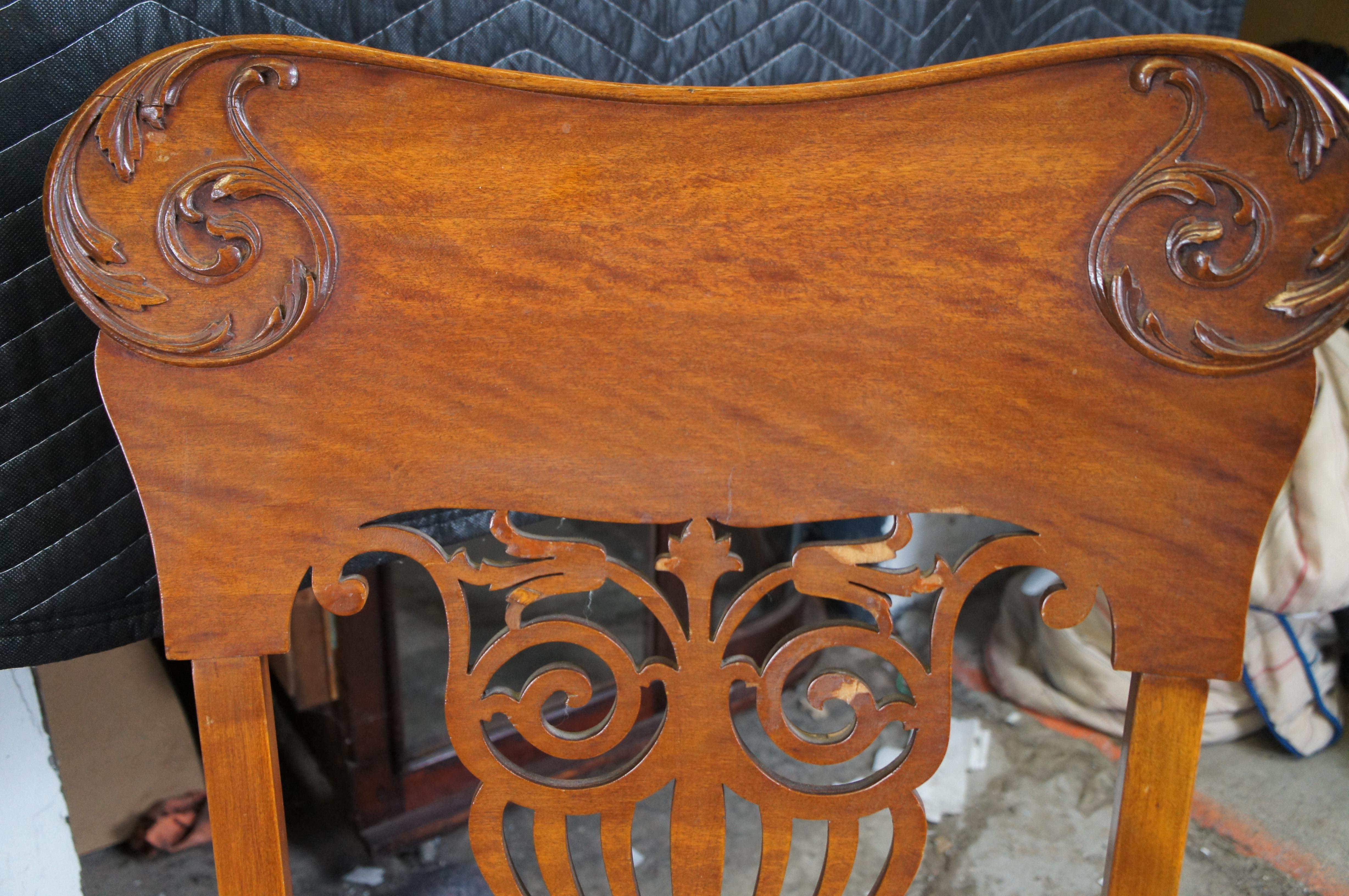 Tapestry 2 Antique American Victorian Quartersawn Oak Needlepoint Dining Side Arm Chairs For Sale