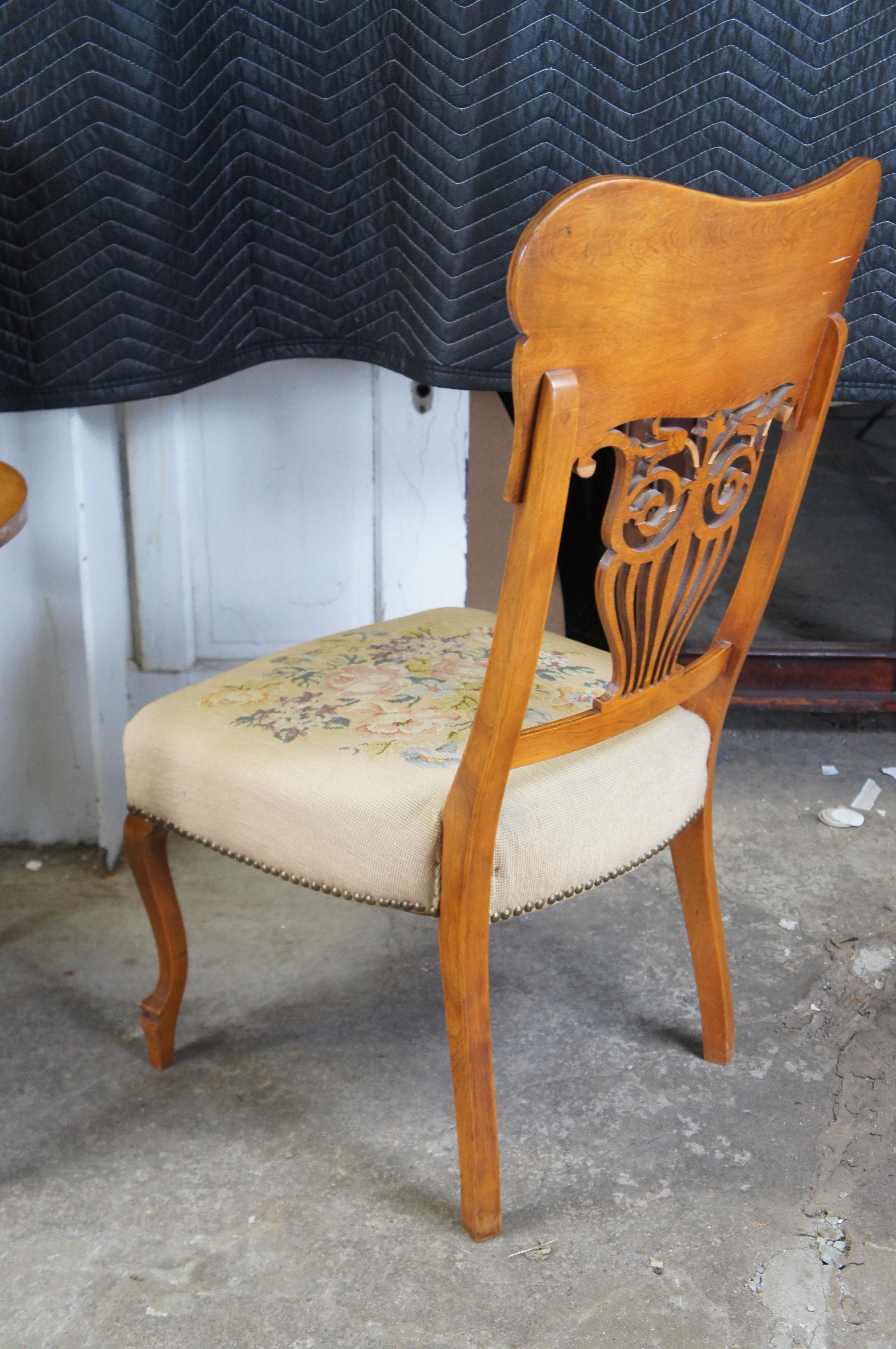 2 Antique American Victorian Quartersawn Oak Needlepoint Dining Side Arm Chairs For Sale 1