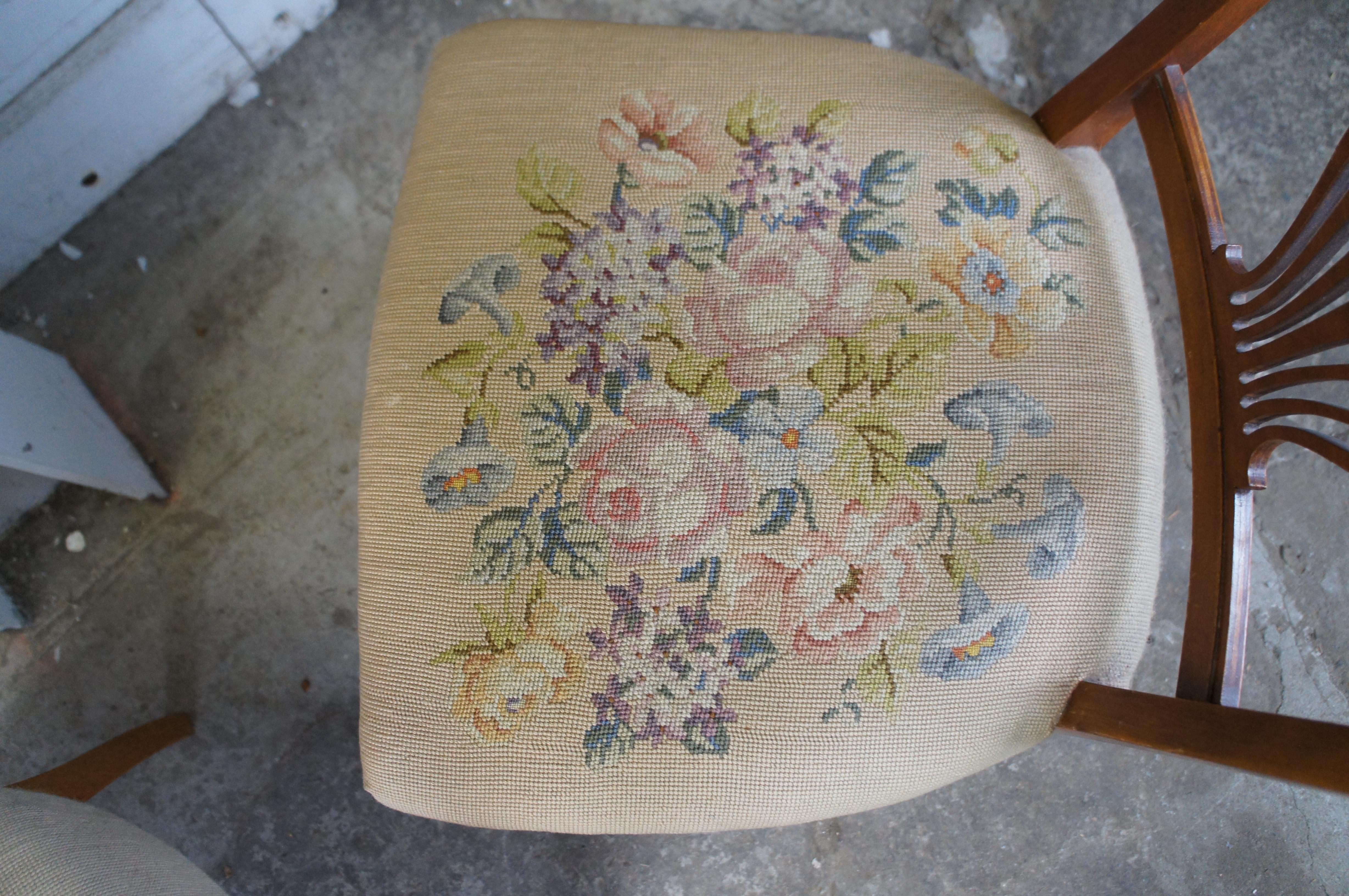 2 Antique American Victorian Quartersawn Oak Needlepoint Dining Side Arm Chairs For Sale 2