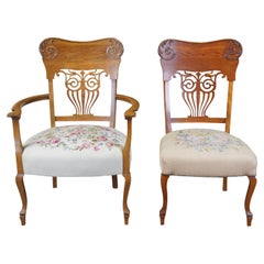 2 Antique American Victorian Quartersawn Oak Needlepoint Dining Side Arm Chairs