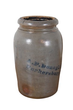 2 Antique AP Donaghho Salt Glaze Cobalt Stoneware Crocks Canning Jars 11"