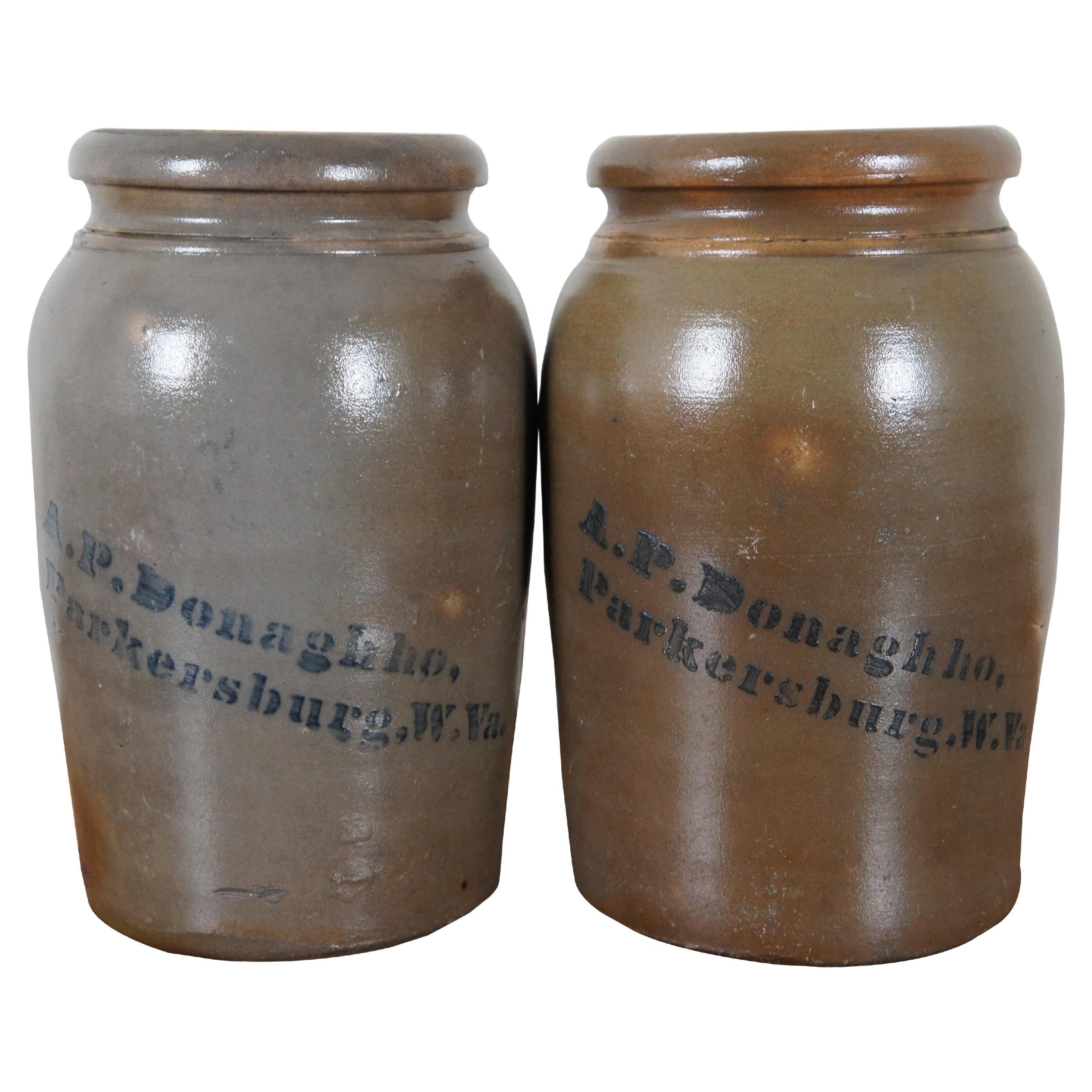 2 Antique AP Donaghho Salt Glaze Cobalt Stoneware Crocks Canning Jars 11" For Sale