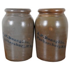 2 Used AP Donaghho Salt Glaze Cobalt Stoneware Crocks Canning Jars 11"