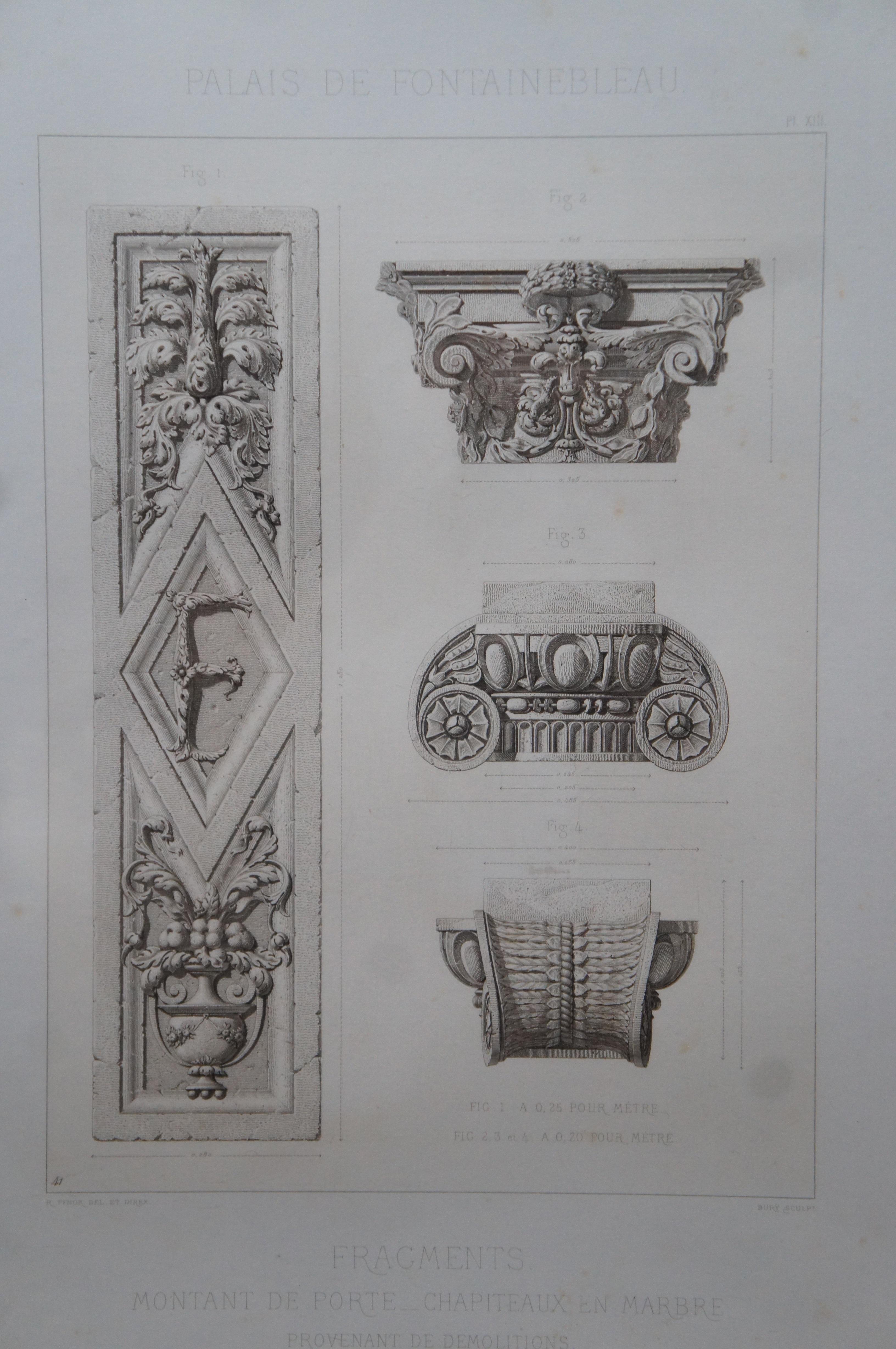 19th Century 2 Antique Architectural Engravings Palais de Fontainebleau Pfnor Morel et Cie