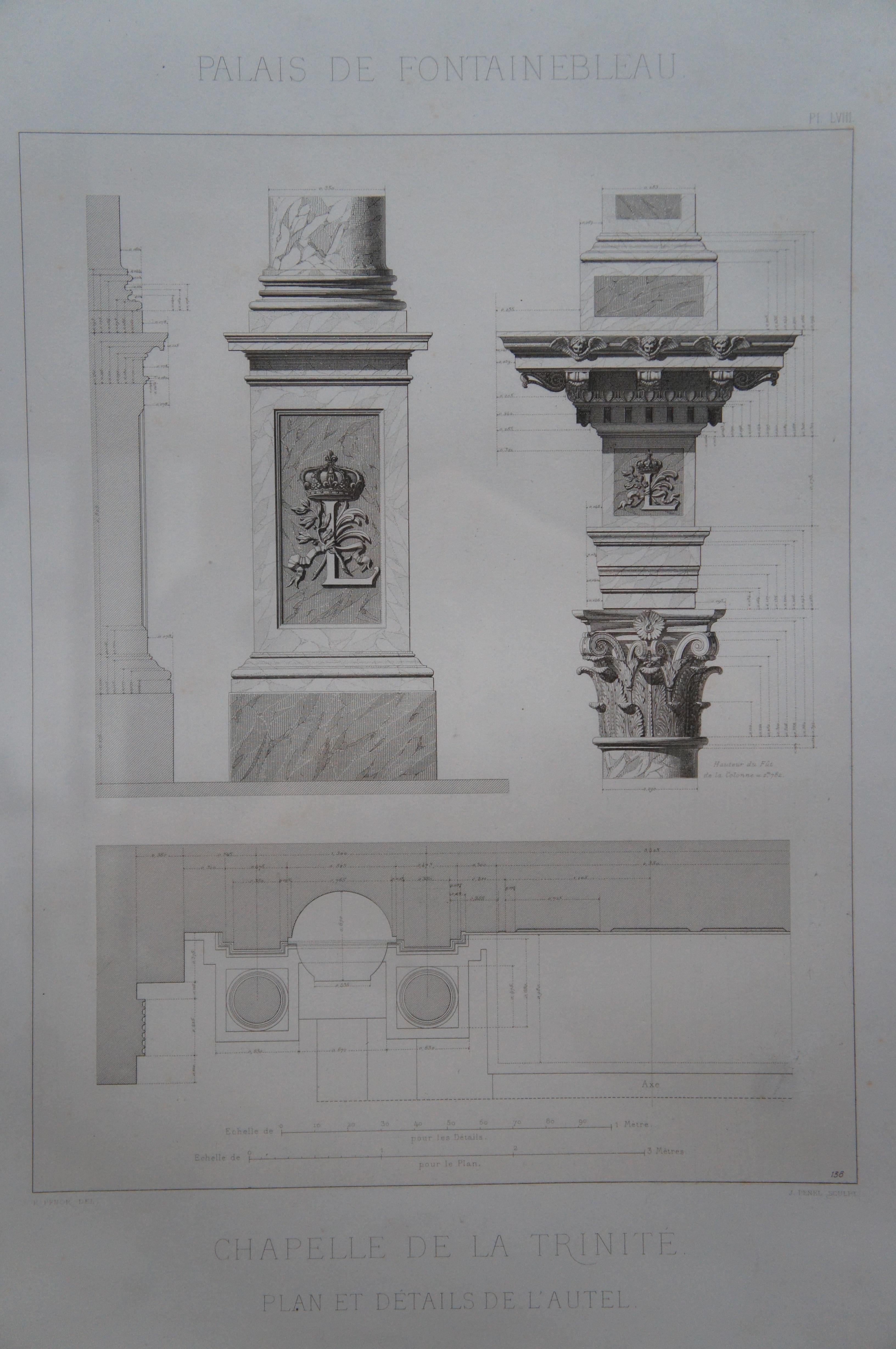 2 Antique Architectural Engravings Palais de Fontainebleau Pfnor Morel et Cie 2