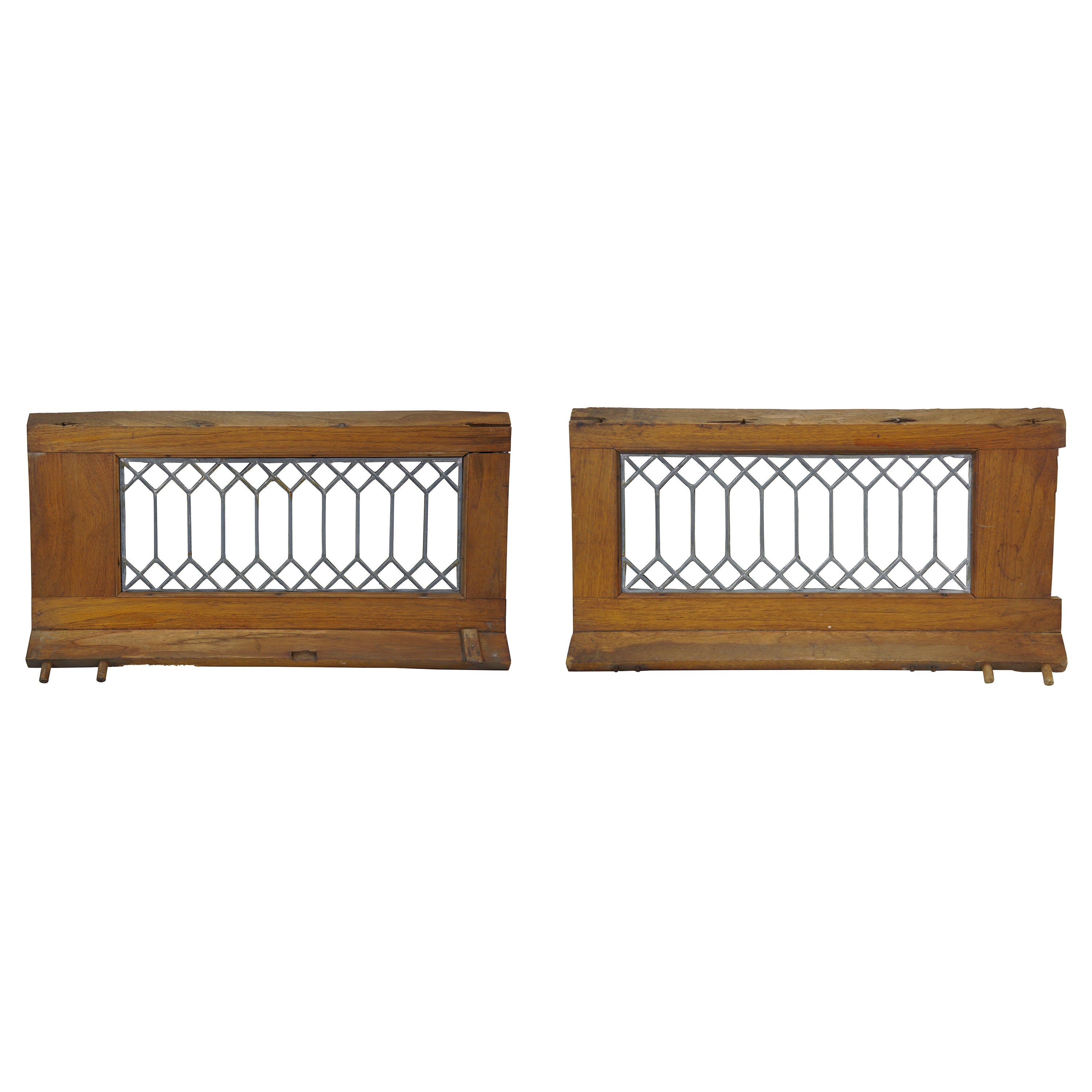 2 Antique Architectural Picket Fence Leaded Glass Transom Window Panels 24" For Sale