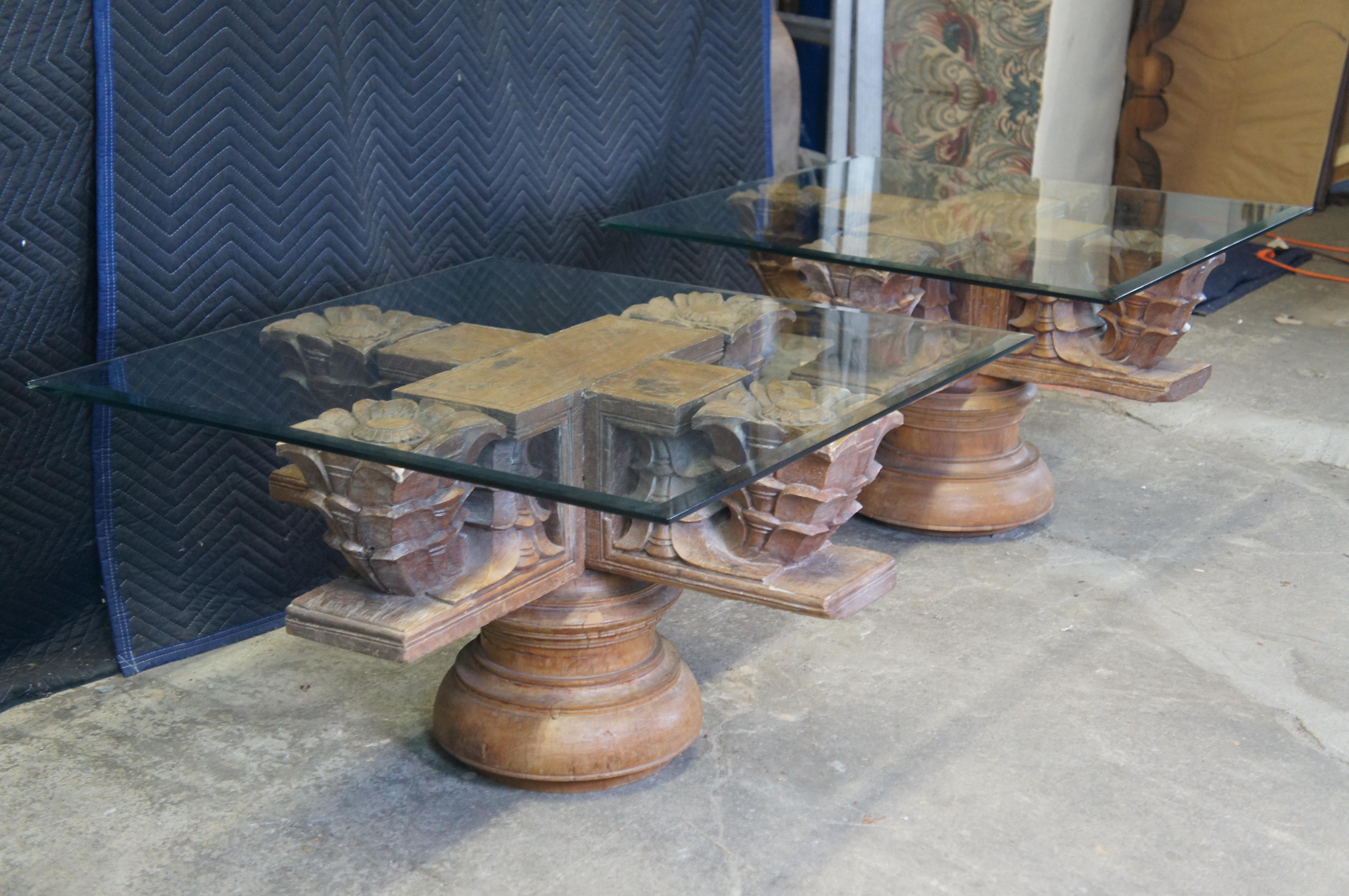2 antike architektonische Couchtische aus aufgearbeitetem Teakholz mit dekorativem Tempelsockel aus Teakholz im Zustand „Relativ gut“ im Angebot in Dayton, OH